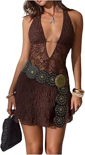 Women's Western Lace Halter Dress Deep V Neck See Through Cowboy A Line Dresses