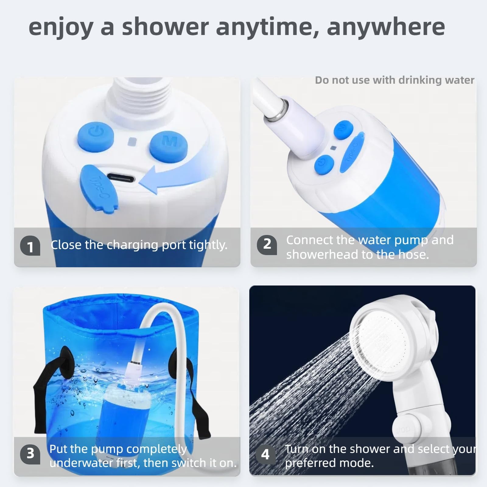 Douche de Camping Portable Rechargeable USB, Pompe à Eau Électrique avec 3 Modes de Jet, Débit 3-5L/min, pour Camping, Voyage, Lavage de Voiture et Bain d’Animaux