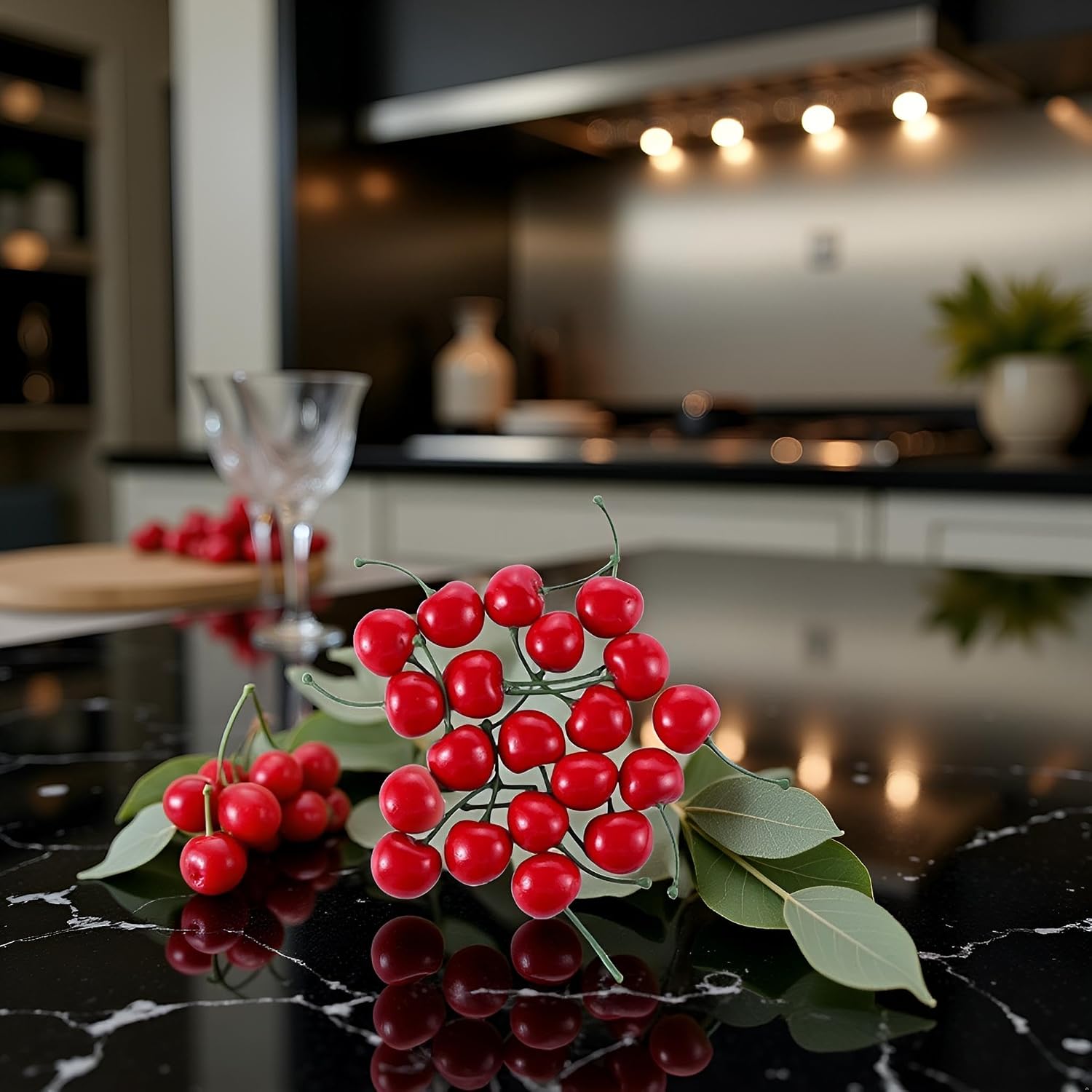20Pcs Red Artificial Cherries, Fake Cherry Model Lifelike Fruit Cherry Ornament, Home Kitchen Party Decoration Desk Ornament Photography Prop,Plastic Cherries，Artificial Plants and Flowers，Fruit