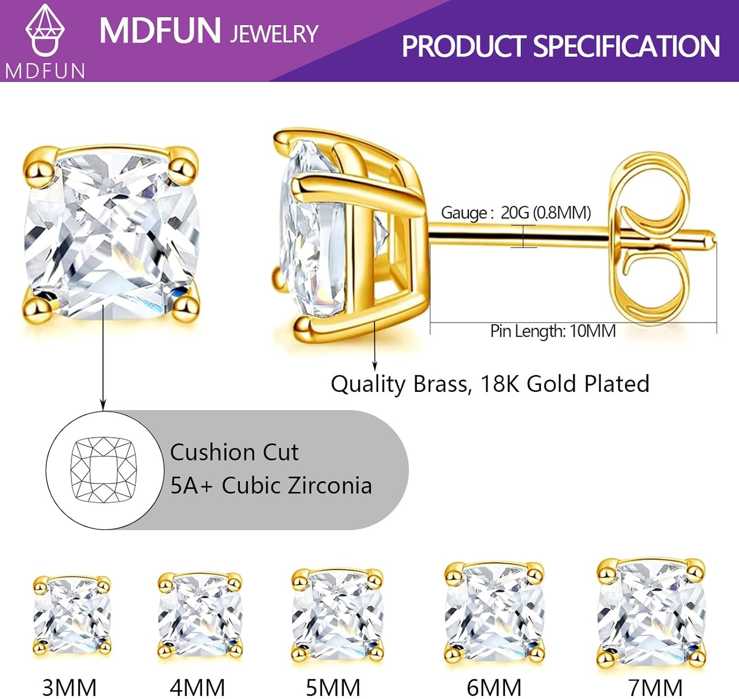 MDFUN 5 Pairs Stud Earrings Sets 3-7MM 18K Gold Plated Round/Cushion/Asscher/Emerald Cut Cubic Zirconia Earring Hypoallergenic Stud Earrings for Women Men - Image 4