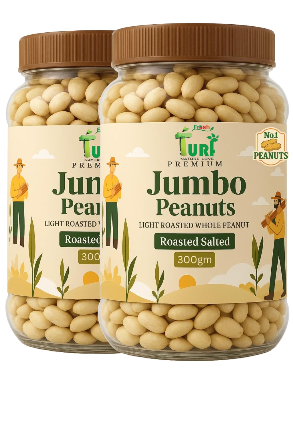 Turf Fresh Jumbo Roasted Salted Peanuts | Bharuch Gujarat Special Mungfali Dana Namkeen | Grade A Premium Peanut Seeds Without Skin | Healthy Snack & Chakna (Double Maja Pack - 300g x 2 jar)