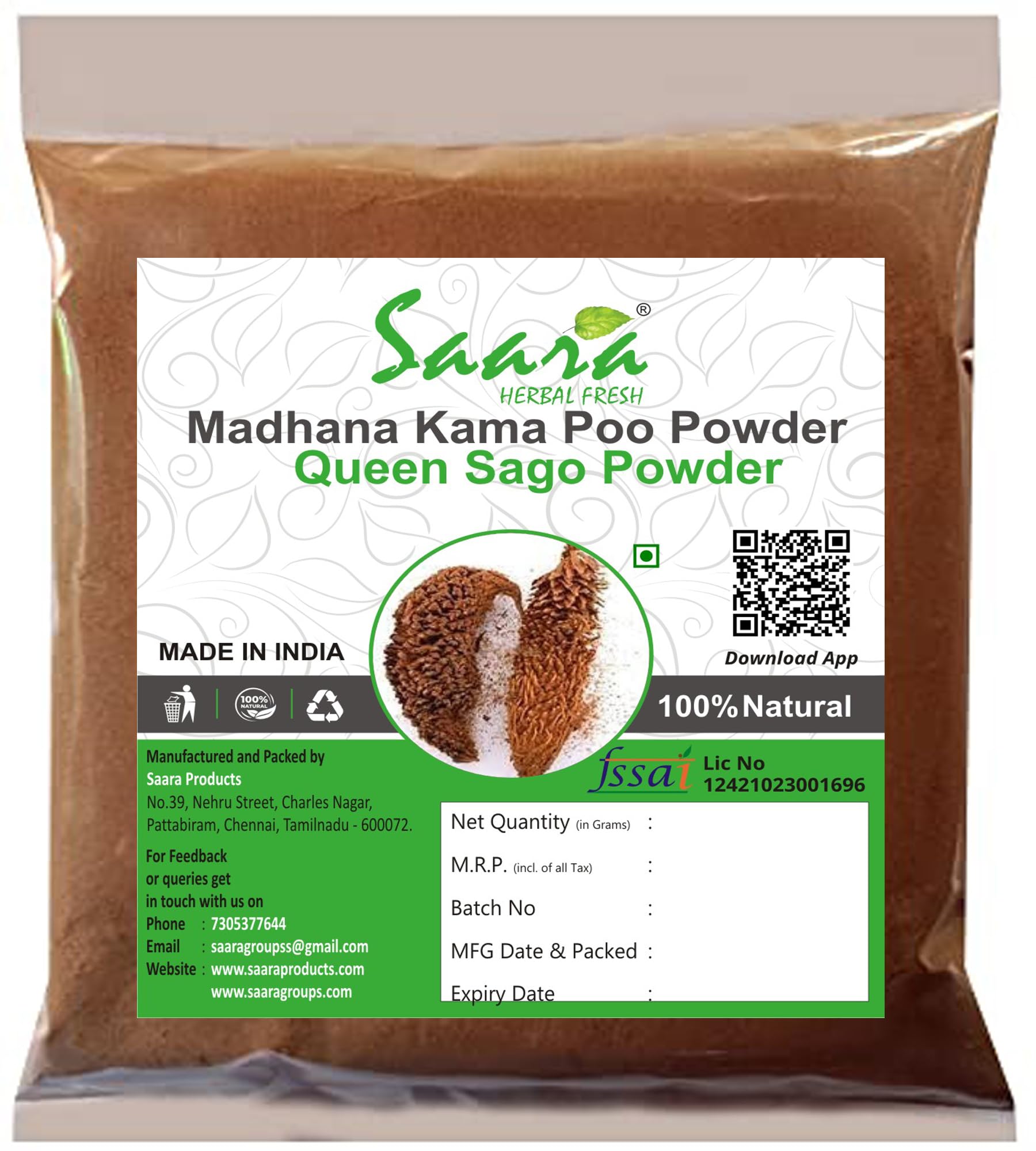 Saara HERBAL FRESH Madhanakama Poo Powder,100g,Queen Sago, Sago Palm, Cycas Circinalis, Fern Palm, Saaboodaanaa Powder,(pack of 1 x 100g) (B09BB28T9T) Amazon Price History, Amazon Price Tracker