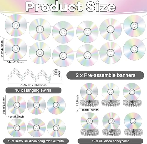 Miniatura 2 de Juego de decoraciones de fiesta de los años 2000, cumpleaños Y2k, pancartas de papel de CD retro de los 90, guirnaldas de mezcla de temas retro de
