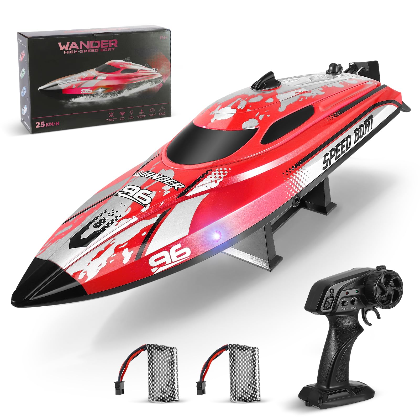 Helangel RC Boats - Remote Control Boat 2.4Ghz 25KM/H Self Righting Racing Boats Outdoor Radio Controlled Watercraft with Low Battery Alarm Rechargeable Battery for Pools Lakes, Red