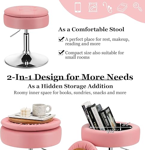 Miniatura 5 de Giantex Taburete giratorio ajustable  360 giratorio de 20 a 26 pulgadas de altura ajustable otomana de almacenamiento redondo, reposapiés de cuero