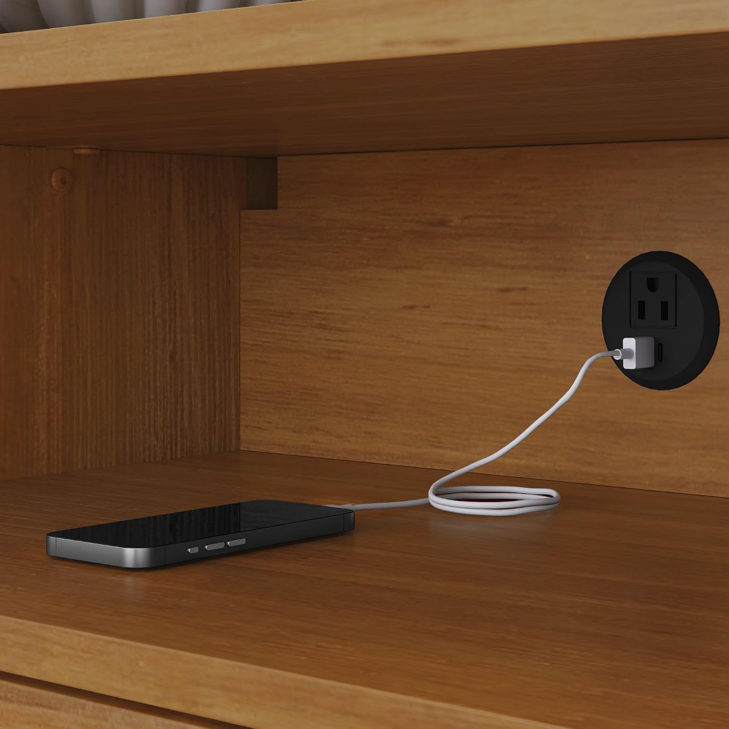 Plank+Beam Elio Solid Pine Nightstand with Charging Station, 1 Drawer, Rattan Drawer Front, USB & USB-C Ports, Bedroom Side Table, Pecan