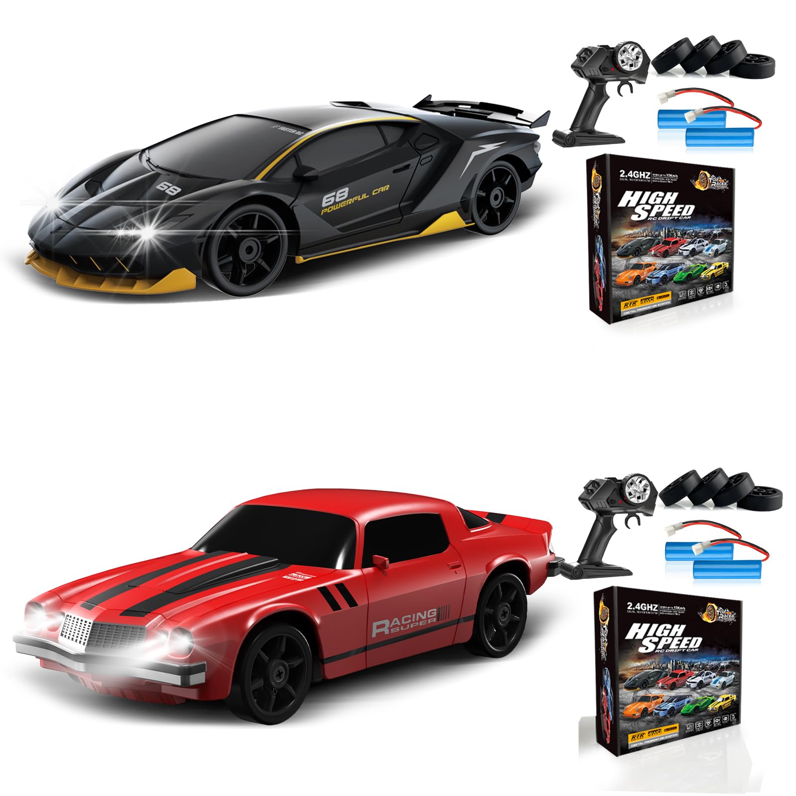 2PCS Remote Control Car RC Drift Car 2.4GHz 1:24 4WD 15KM/H High Speed Racing Sport Car with LED Lights Drifting Tire Racing Sport Toy for Adults Boys Girls Kids Gift 2Pcs Rechargeable Batteries