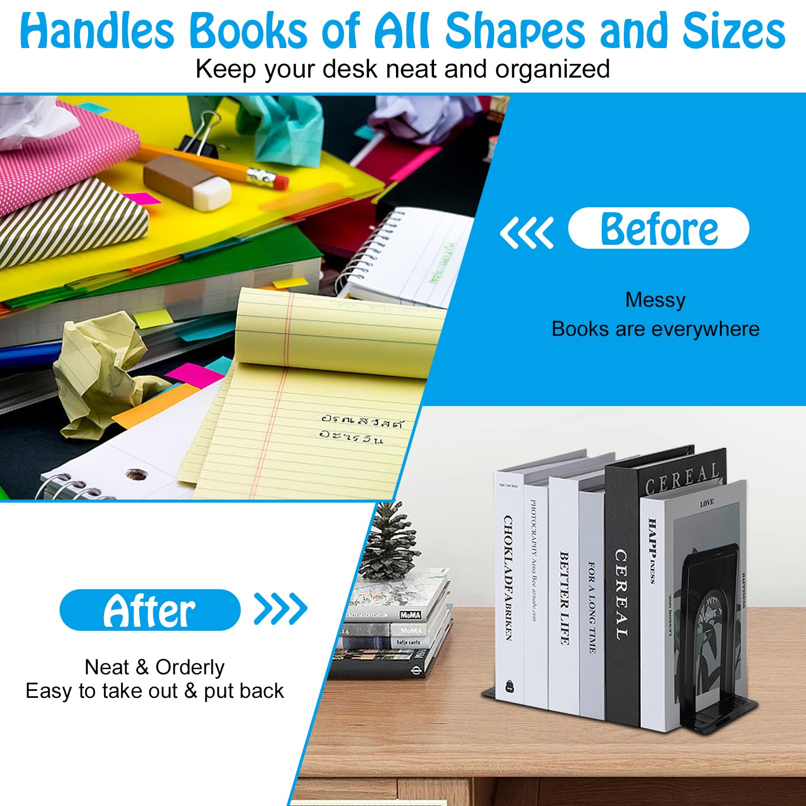 Buchstützen, Buchstützen für Regale, Metall-Buchstützen, robuste Buchstützen, schwarze Buchstützen, rutschfeste Buchstützen, universeller Buchstopper für schwere Bücher/Filme/CDs, Büro,