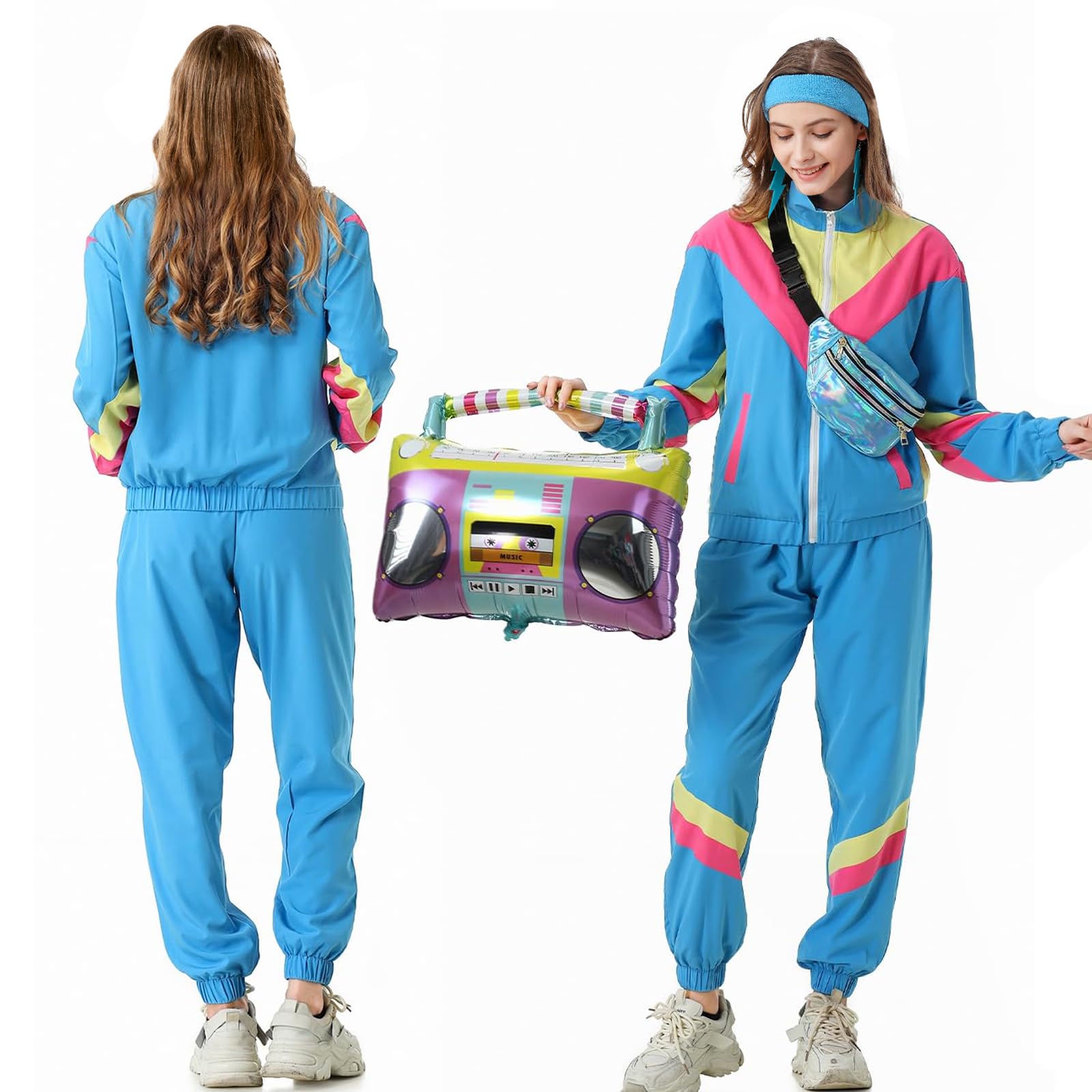 80er 90er Jahre Outfit Damen Trainingsanzug Jacke Hose Anzug 80er Retro Kleidung Accessoire 80s Kostüm Halloween Karneval Party (Blau, M)