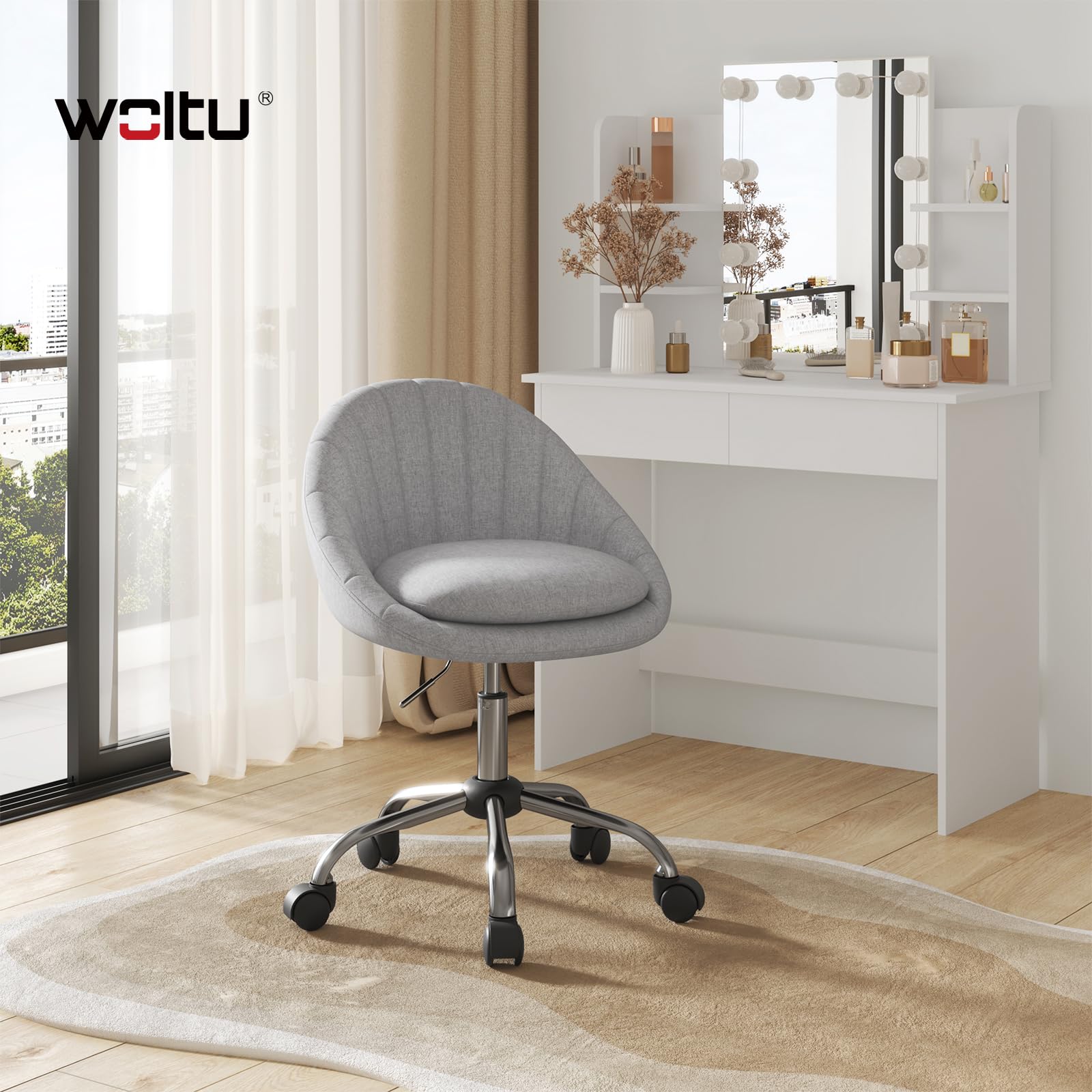 WOLTU Homeoffice Stuhl, Schminkstuhl, Schreibtischstuhl Grau, Leinen | Dicke bequeme Doppelpolsterung, Schaumstoffpolsterung, Drehstuhl mit Rollen, 150 kg, für Arbeitszimmer Schlafzimmer