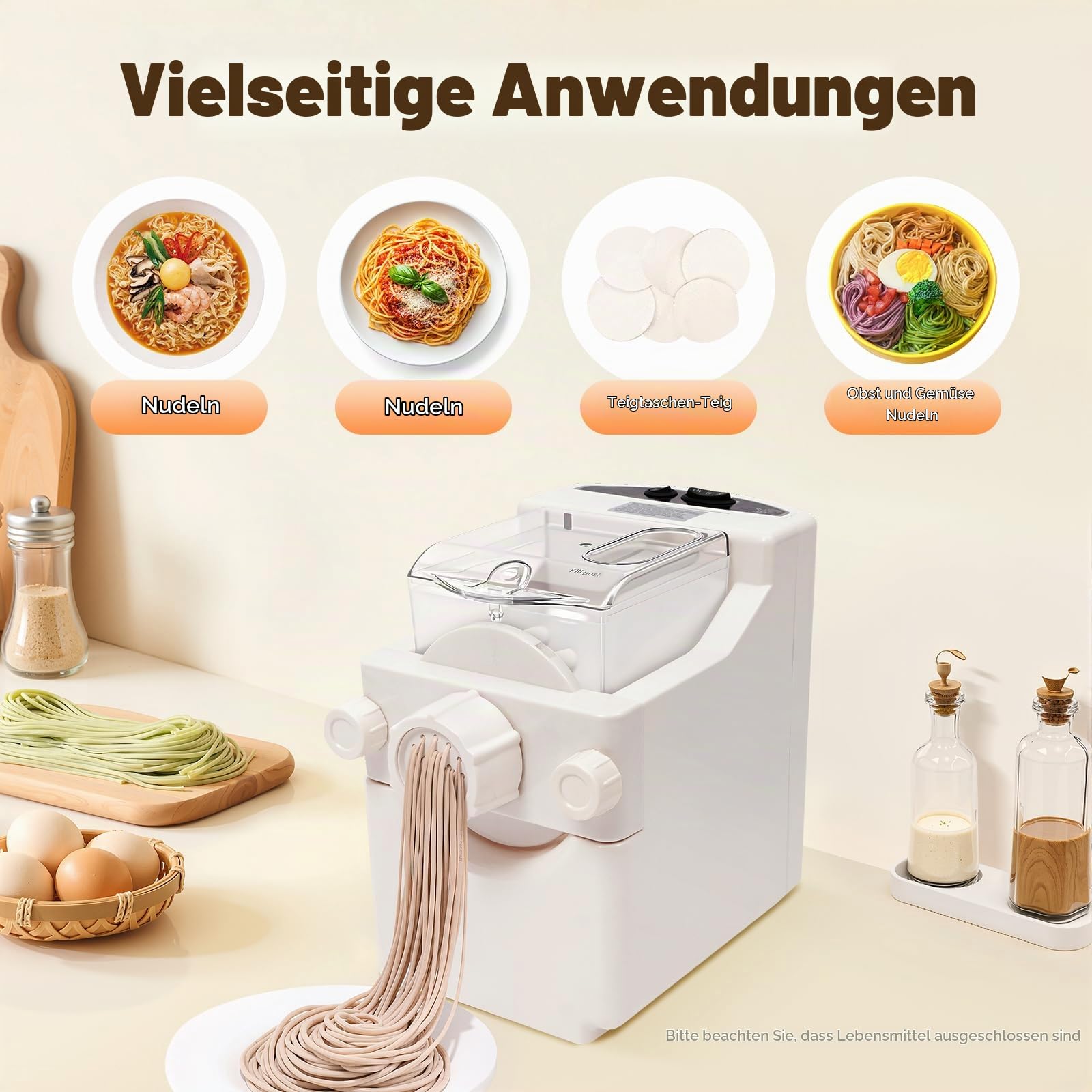 Elektrische Nudelmaschine Vollautomatische 260W mit 9 Aufsätzen, Automatische Nudelmaschine für Nudeln, Pasta, Teigtaschen, bis zu 500g Mehl, 3-Minuten Knetvorgang