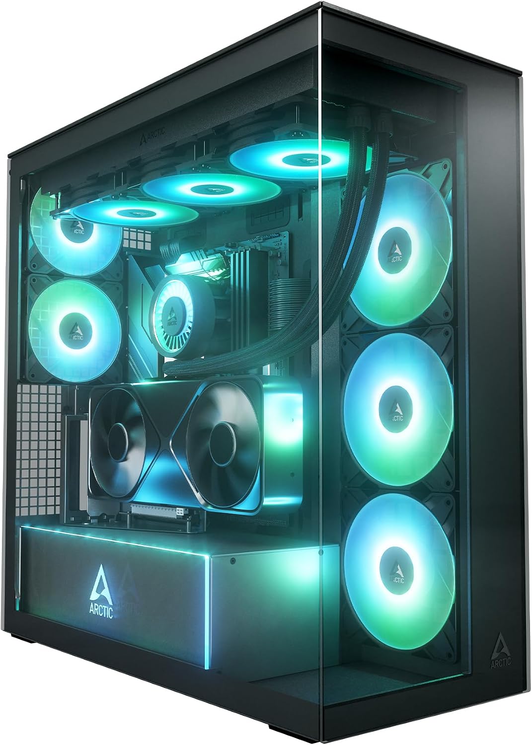 ARCTIC Xtender VG (Mirror Black) mit vertikaler GPU-Anbringung - PC-Gehäuse, Verspiegeltes Glas, 2X 420 mm Radiator Support, Full Tower, Big Tower, bis zu E-ATX, 5X A-RGB Lüfter vormontiert - Schwarz
