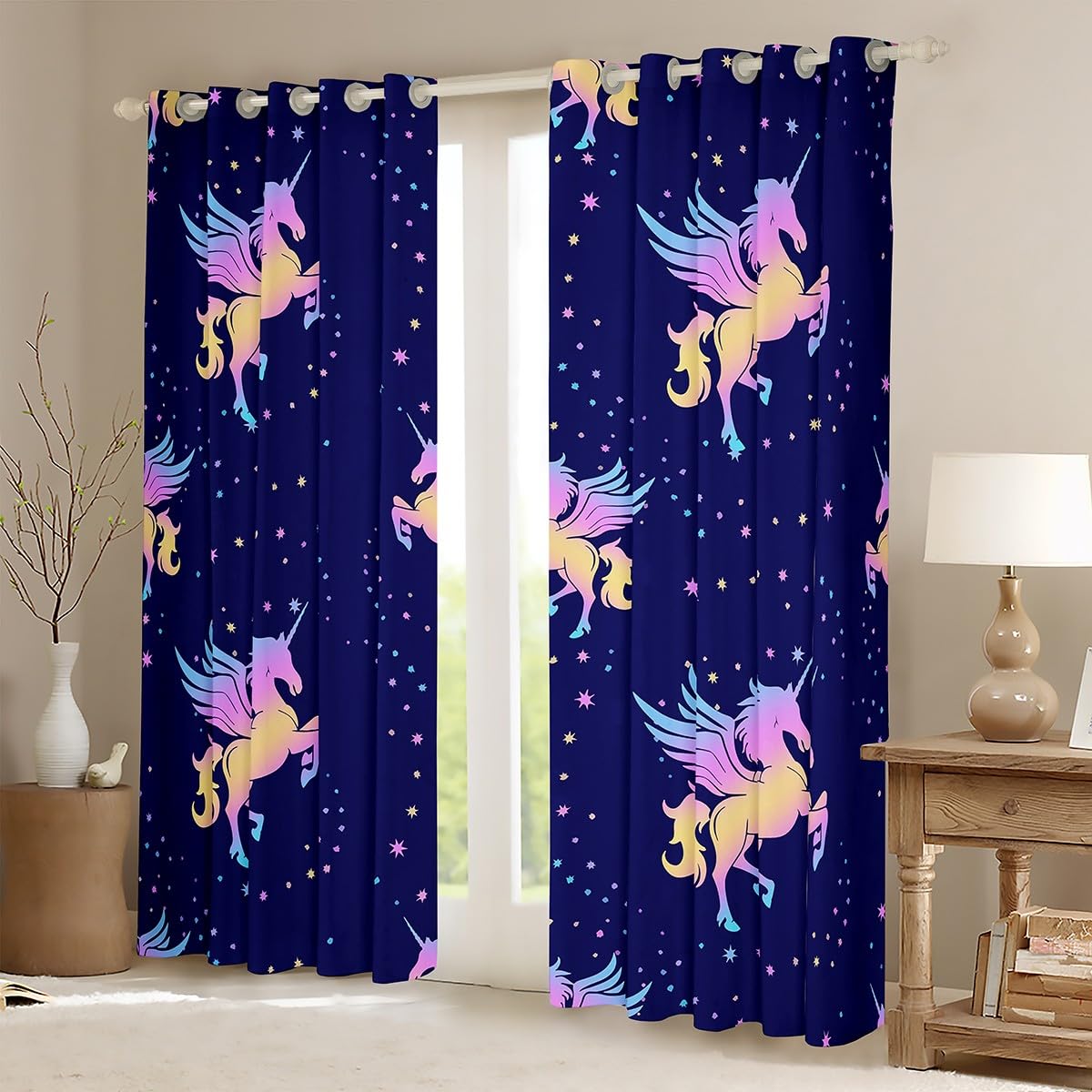 Feelyou Cute Dreamy Horse Curtains for Bedroom Living Room Cartoon Unicorn Darkening Dreapes Rainbow 30%-50% Blackout Curtains Glitter Animals Blue Window Treatments (2 Panels, 42 x 84 Inch)