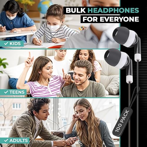 Miniatura 5 de JustJamz Paquete de 150 auriculares para el aula, 100 auriculares USB-C + 50 de 0.138 in a granel, auriculares con cable solo para escucha para