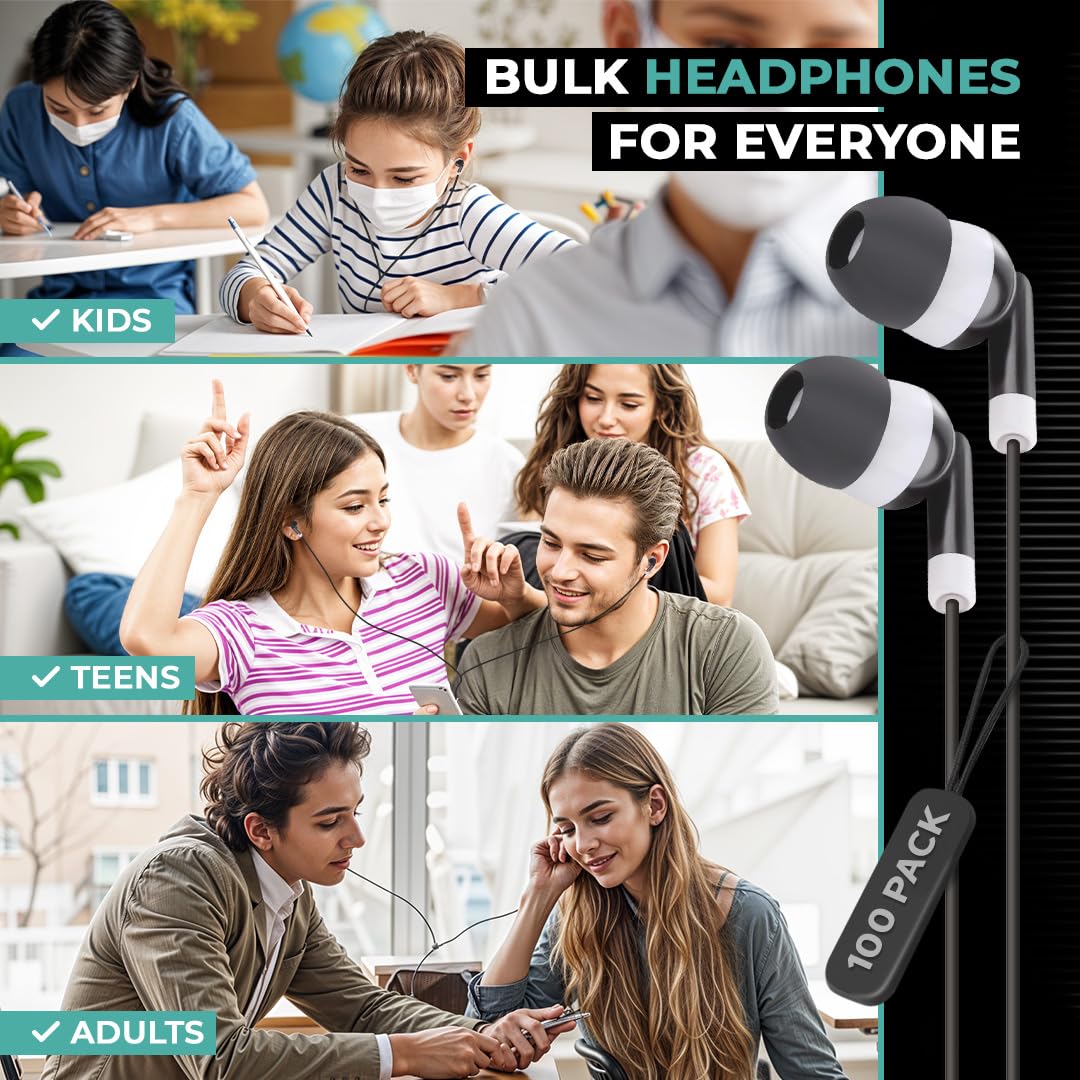 Confezione da 100 cuffie USB C per scuola, aula e test, auricolari cablati di tipo C per iPhone 17, 16, 15, iPad Pro, Samsung Galaxy, Chromebook, auricolari cablati per l'istruzione (nero)
