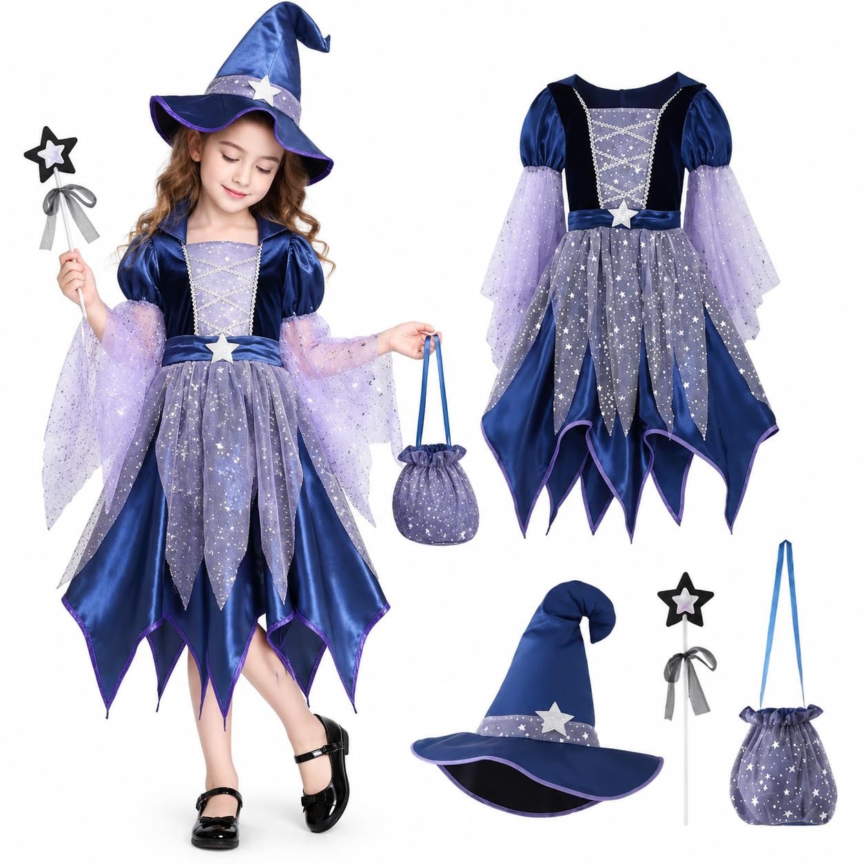 Halloween Cosplay Costume Kids Girls Witch Dresses with Hat, Bag and Magic Wand 4 Piece Set, Witch Dress Up Outfit for Girls, Kids Fancy Dress for Carnival Party Halloween Cosplay