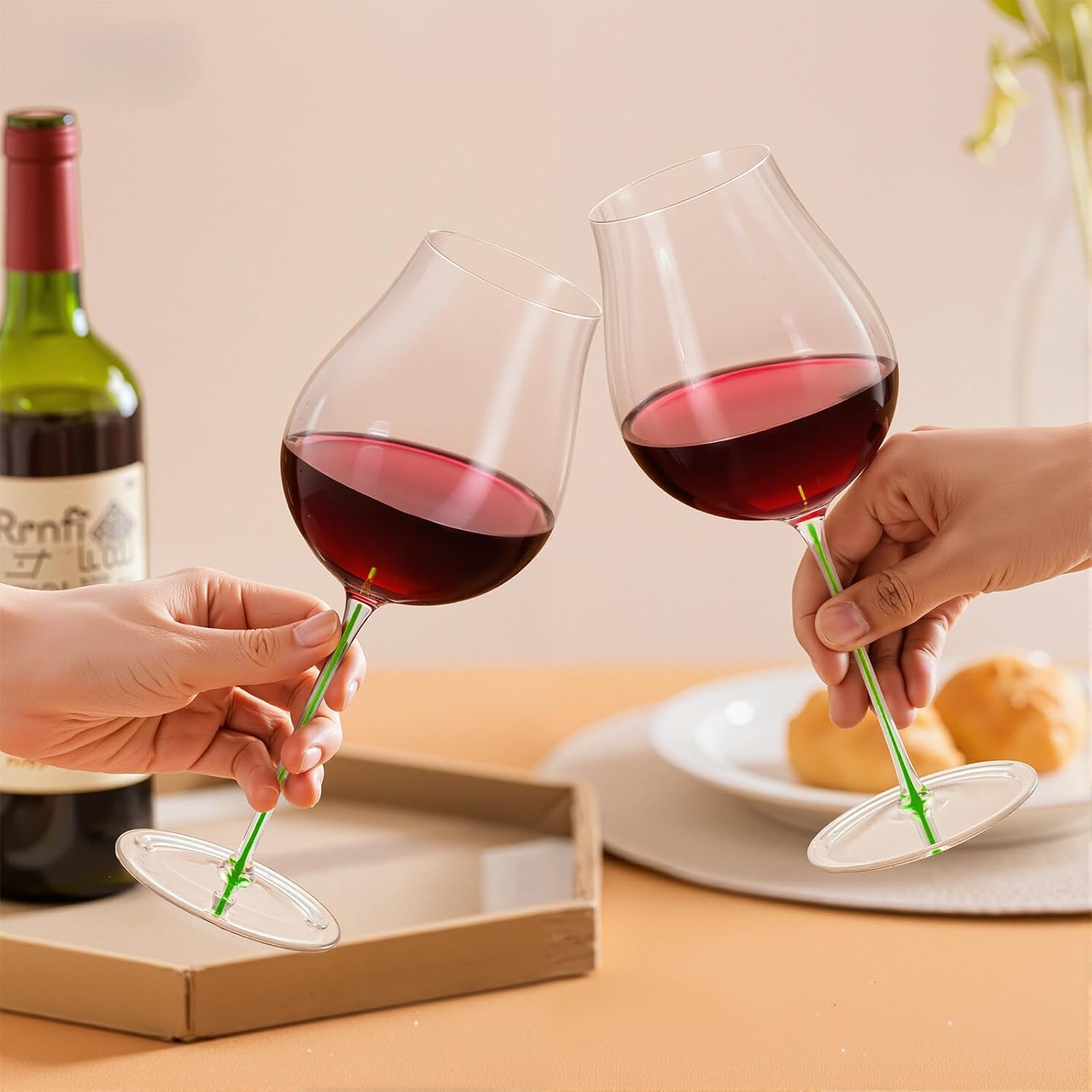 KAMMAK Wine Glasses Set of 2, 24.35 oz Hand Blown Crystal Bordeaux Wine Glasses, Thin Rim & Long Stem, Perfect for Red & White, Daily Use, Wedding or Birthday Gift with Gift Box, Burgundy Green - Image 5