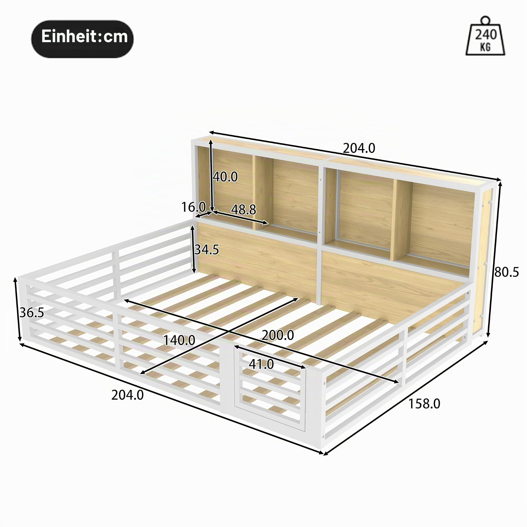 Bodenbett 140x200 mit LED-Beleuchtung, Kinderbett mit Stauraumfach und Rausfallschutz aus Metall inkl. Lattenrost und Tür, Montessori Bett Gitterbett Kinder Jugendbett Doppelbett, Ohne Matratze, Weiß