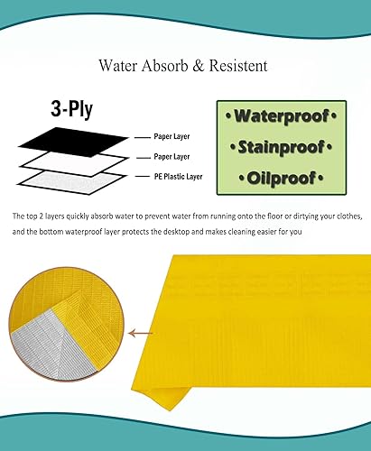 Miniatura 3 de Mantel rectangular de papel desechable amarillo, paquete de 4, 54 x 108 pulgadas, papel de 2 capas impermeable con respaldo de plástico, cubierta de