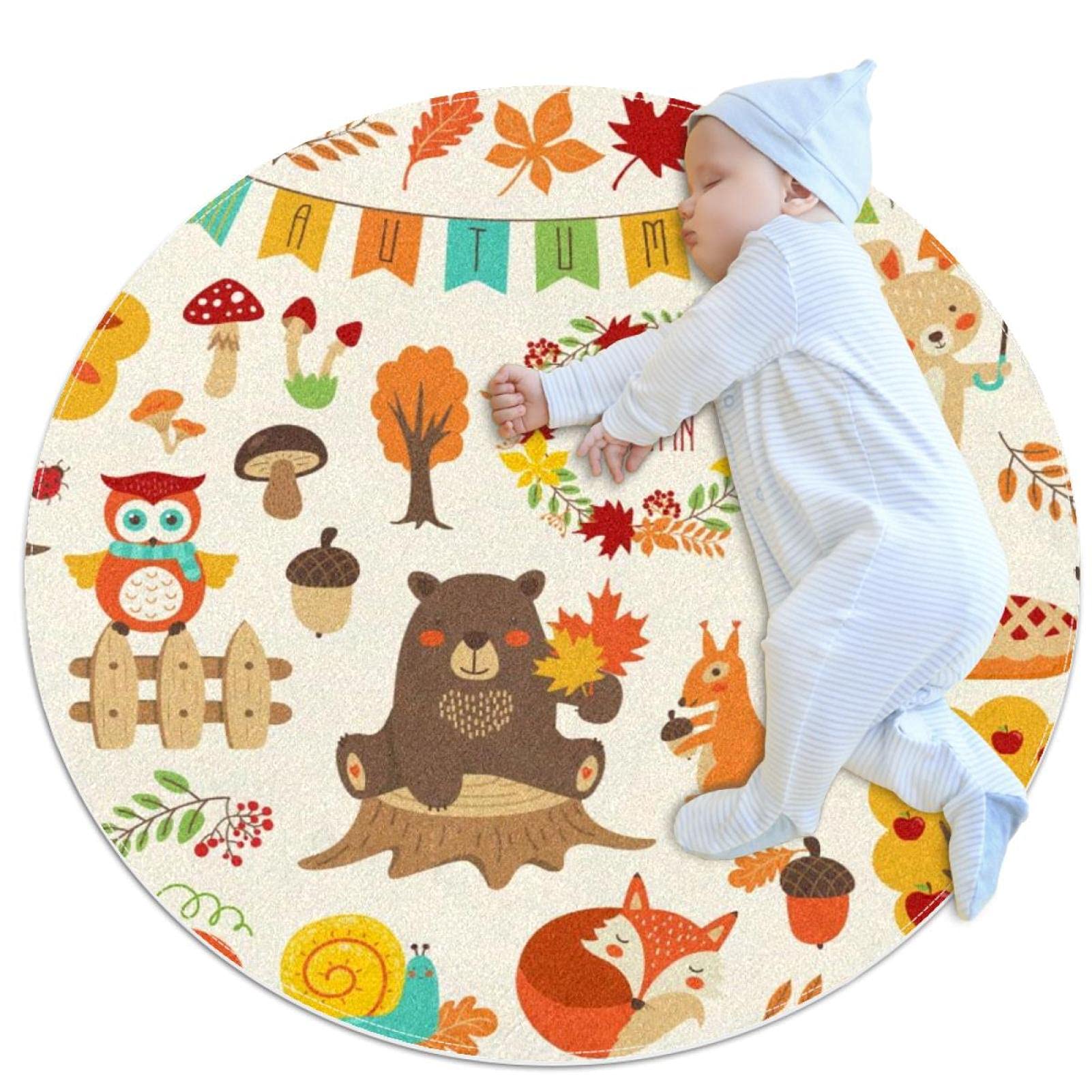 Tapis rond forêt d'automne ours pour réchauffer une salle de jeux d'enfant
