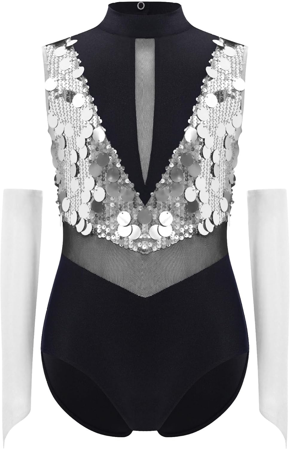 Kids Girls Sparkly Sequin Gymnastics Leotard Sleeveless Ballet Bodysuit Jazz Dance Outfit with Gloves