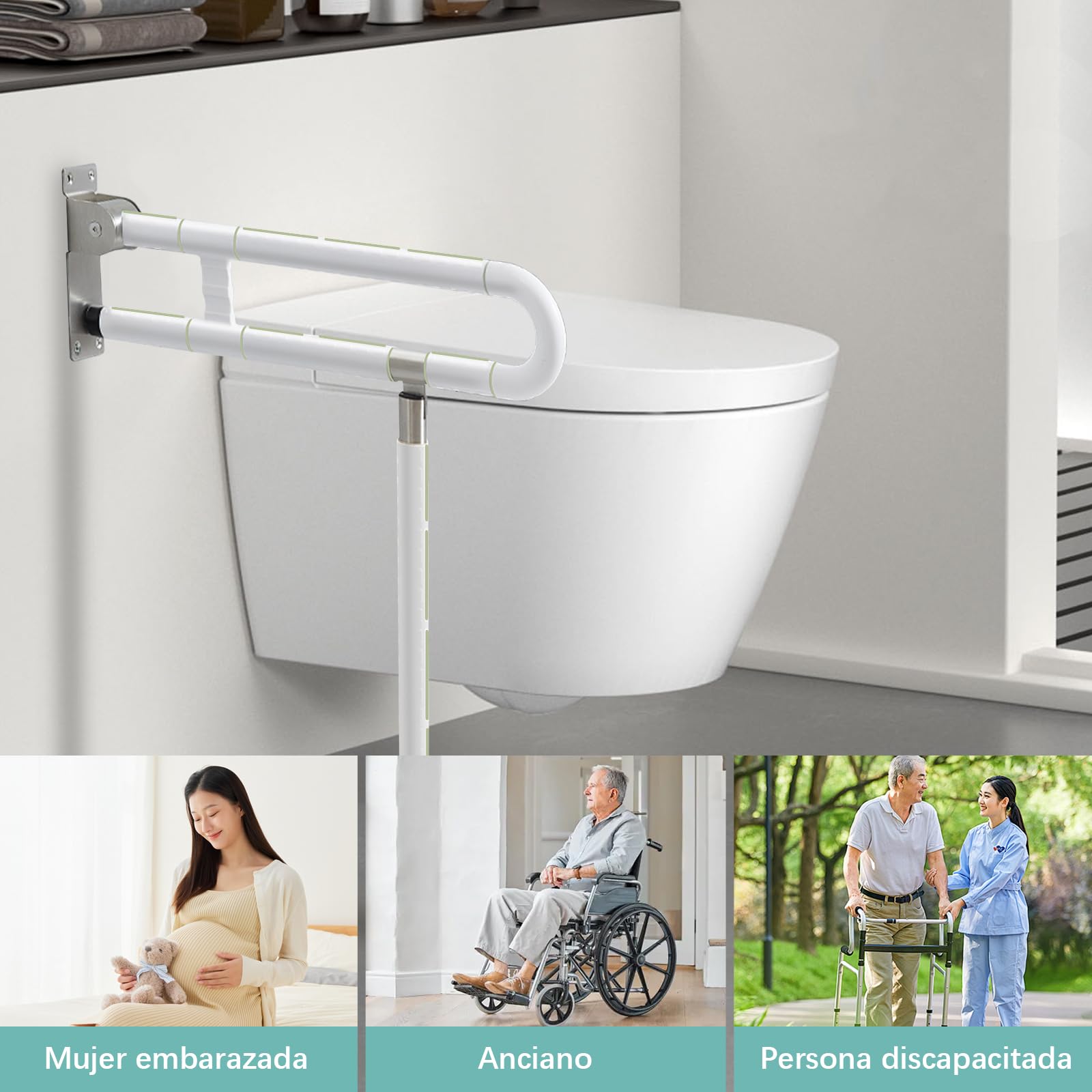 Pasamanos para el cuidado del inodoro, pasamanos de baño, antideslizantes, antiinclinación, sin electricidad estática, mango luminoso, rodamiento de 300 kg (Blanco, 60cm con patas)