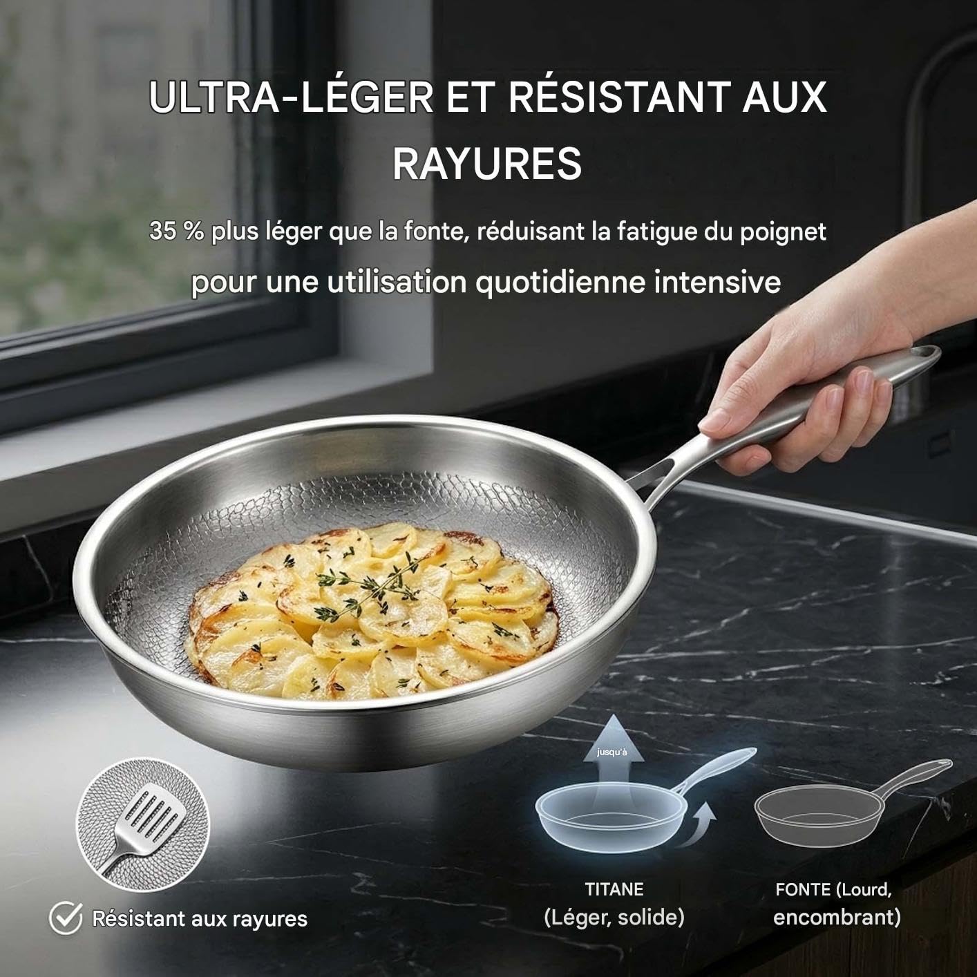 Poele Titanex,2026 Neu PoêLe Titane Pur Avec couvercle, 26/28/30 AntiadhéSive, Compatible Induction & Tous Feux, Surface MarteléE RéSistante Aux Rayures，30cm