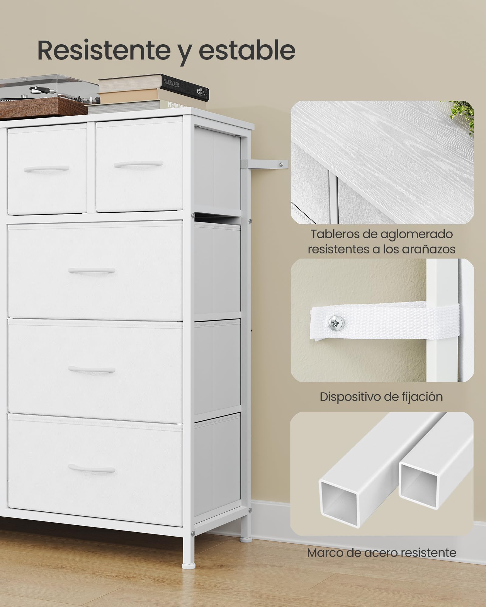 SONGMICS Cómoda, Cajonera con 10 Cajones de Tela, Organizador de Almacenamiento, Estructura de Acero, 98,7 x 30 x 96,2 cm, para Dormitorio, Salón, Pasillo, Nube Blanca, Colección BELLAH LGS236W101