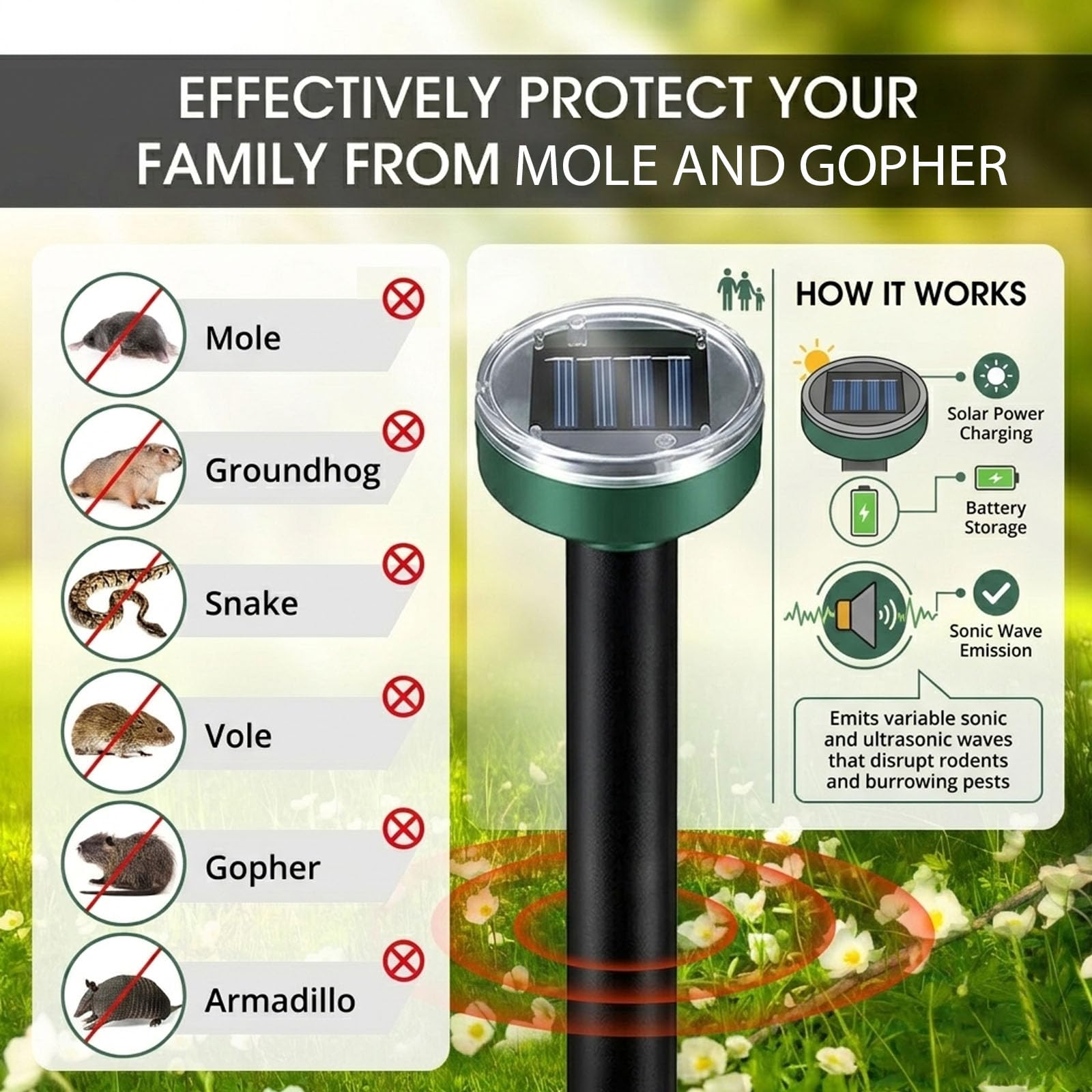 2026 Verbesserter Solar-Maulwurf-Abwehr, 8 Stück, Ultraschall-Gopher-Abwehrpfähle für Rasen und Garten, wasserdichte Wühlmausschreck für Maulwurf, Gopher, Murmeltiere, Streifenhörnchen