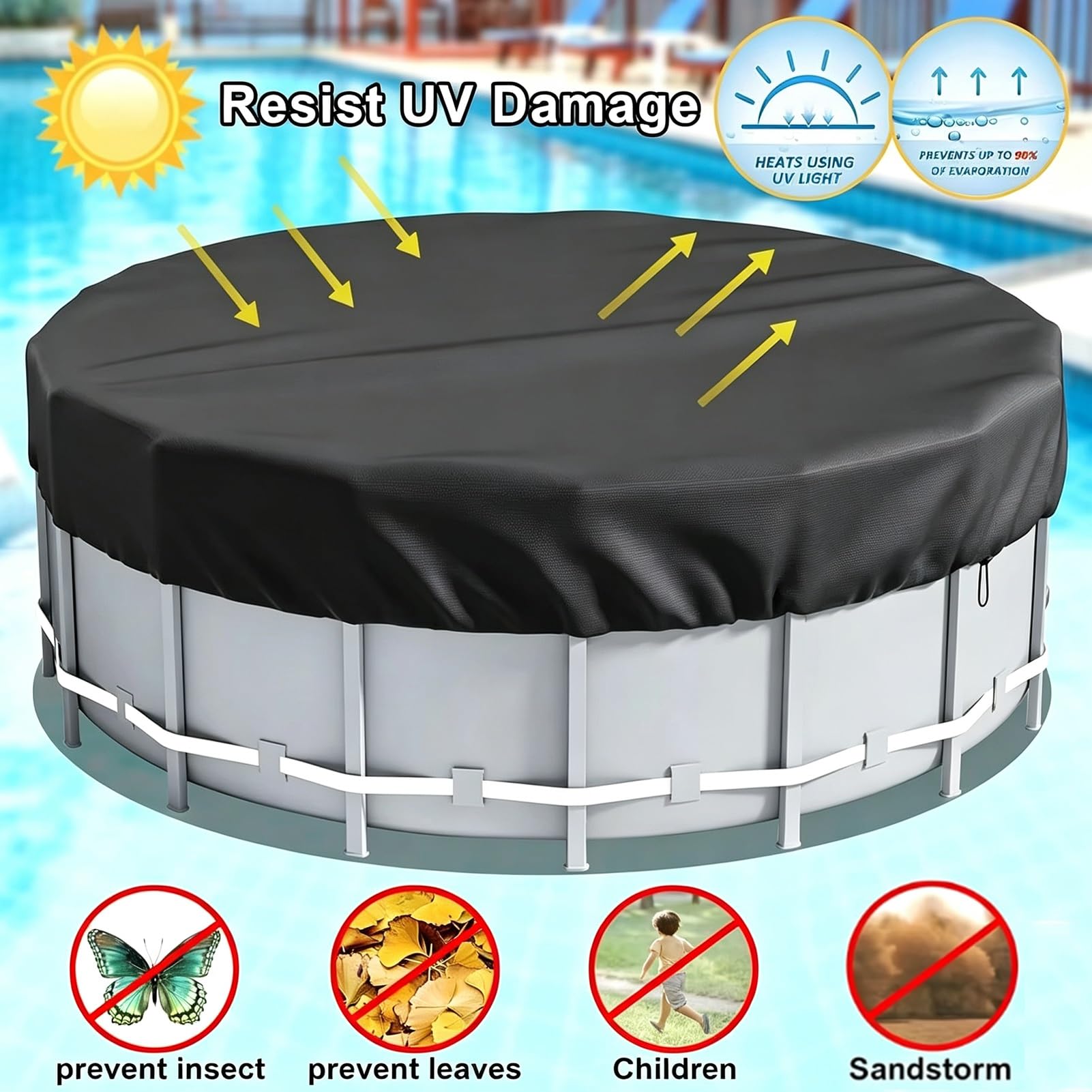 Cubierta de Piscina Redonda,Lona Piscinas Hinchable 366cm,Protección UV,Cuerdas de Viento y estacas,Impermeable y Resistente al Viento,Cubierta Plegable para Piscina al Aire Libre(15FT457*20cm)