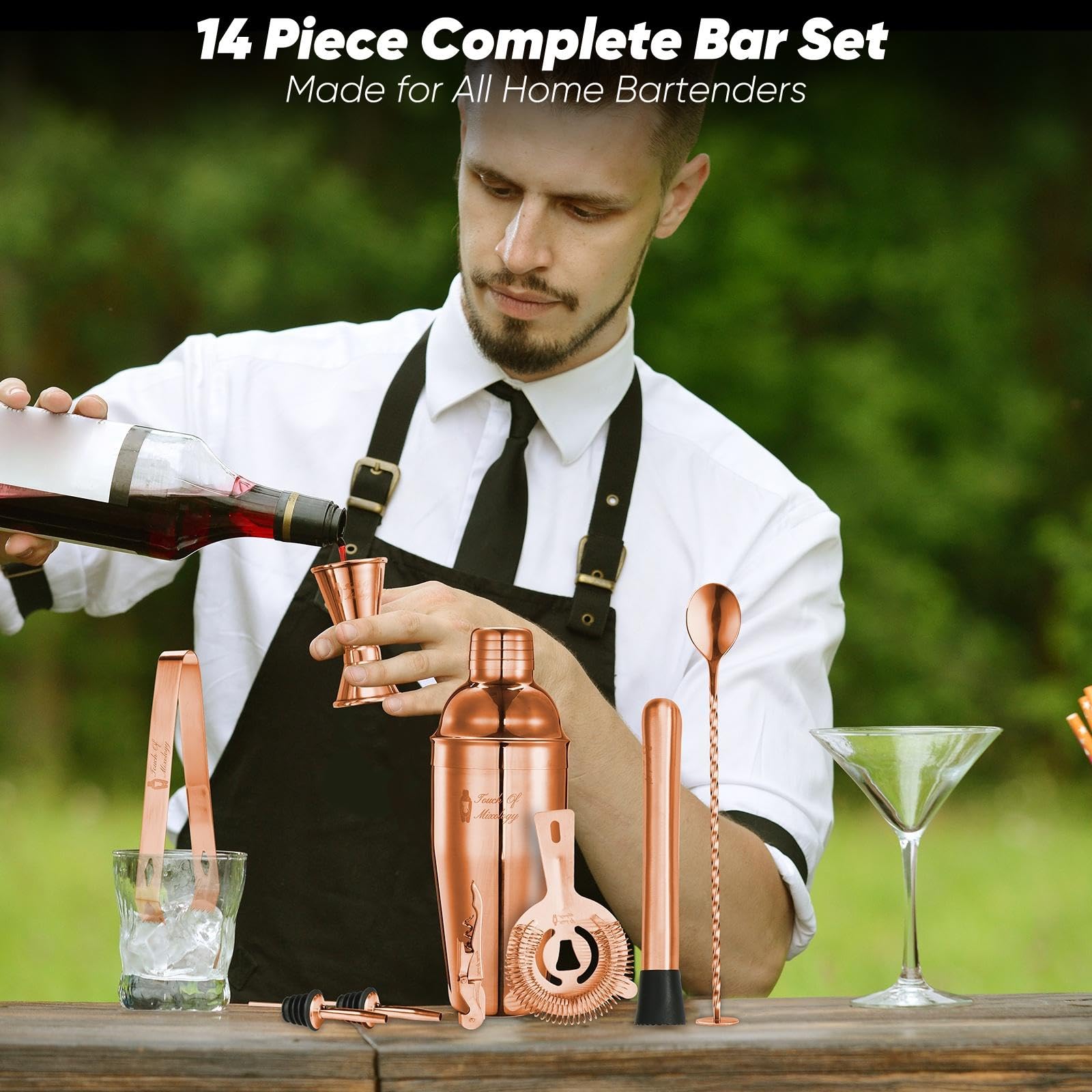 Kit Da Barista 14 Pezzi Con Shaker E Supporto In Bambù – Set Cocktail Professionale In Acciaio Inossidabile, Con Versatori, Pestello, Colino, Cavatappi E Pinze