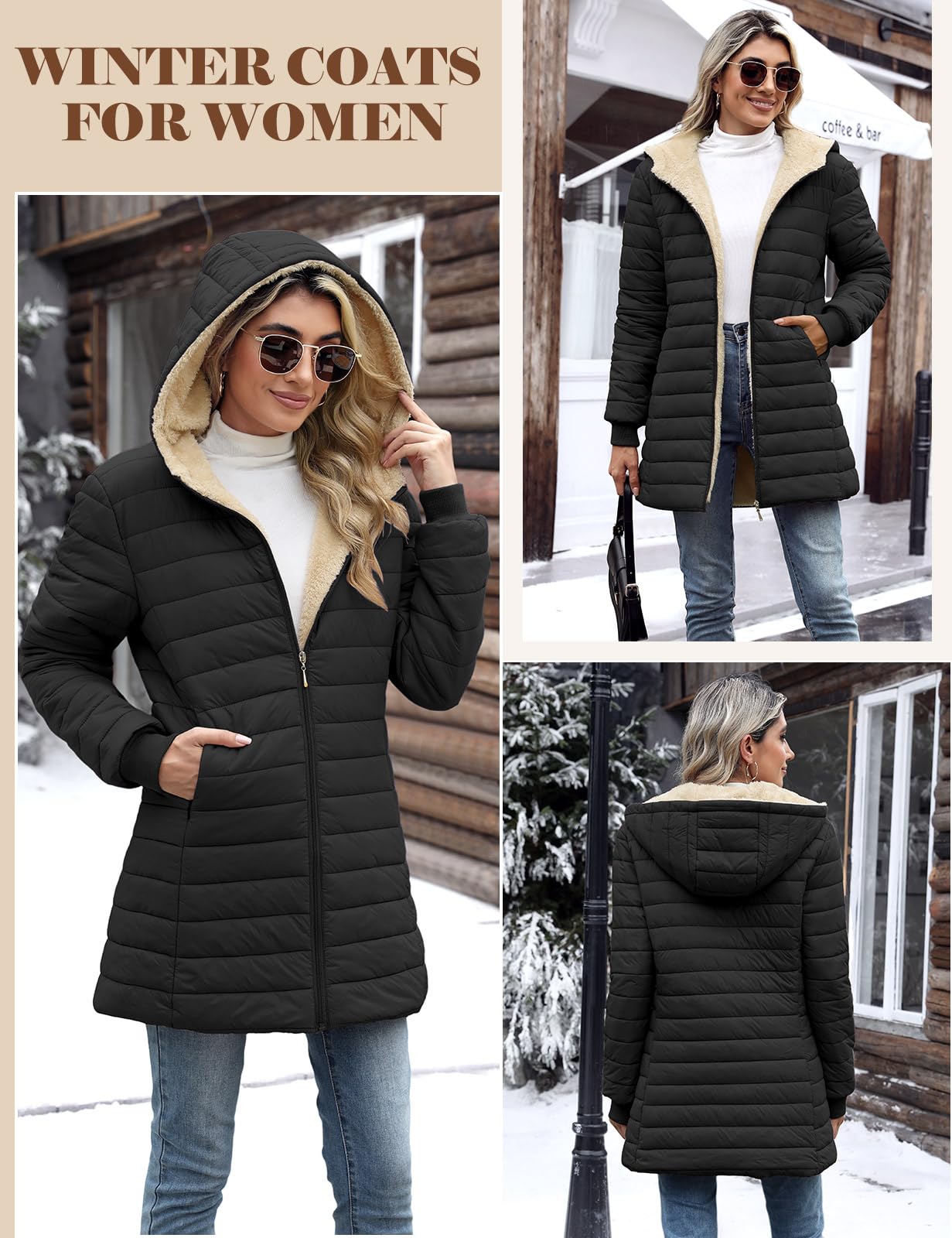 Tuopuda Manteau Femme Hiver Veste Polaire Chaud Parkas Blouson Zippée à Capuche mi Longue Coat Matelassée en Duvet Outercoat Slim Fit Casual Jacket avec Poches