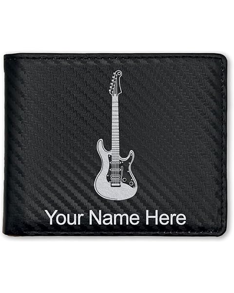 LaserGram Faux Leather Bi-Fold Wallet, Electric Guitar, Personalized Engraving Included (Carbon Fiber Black with Silver)
