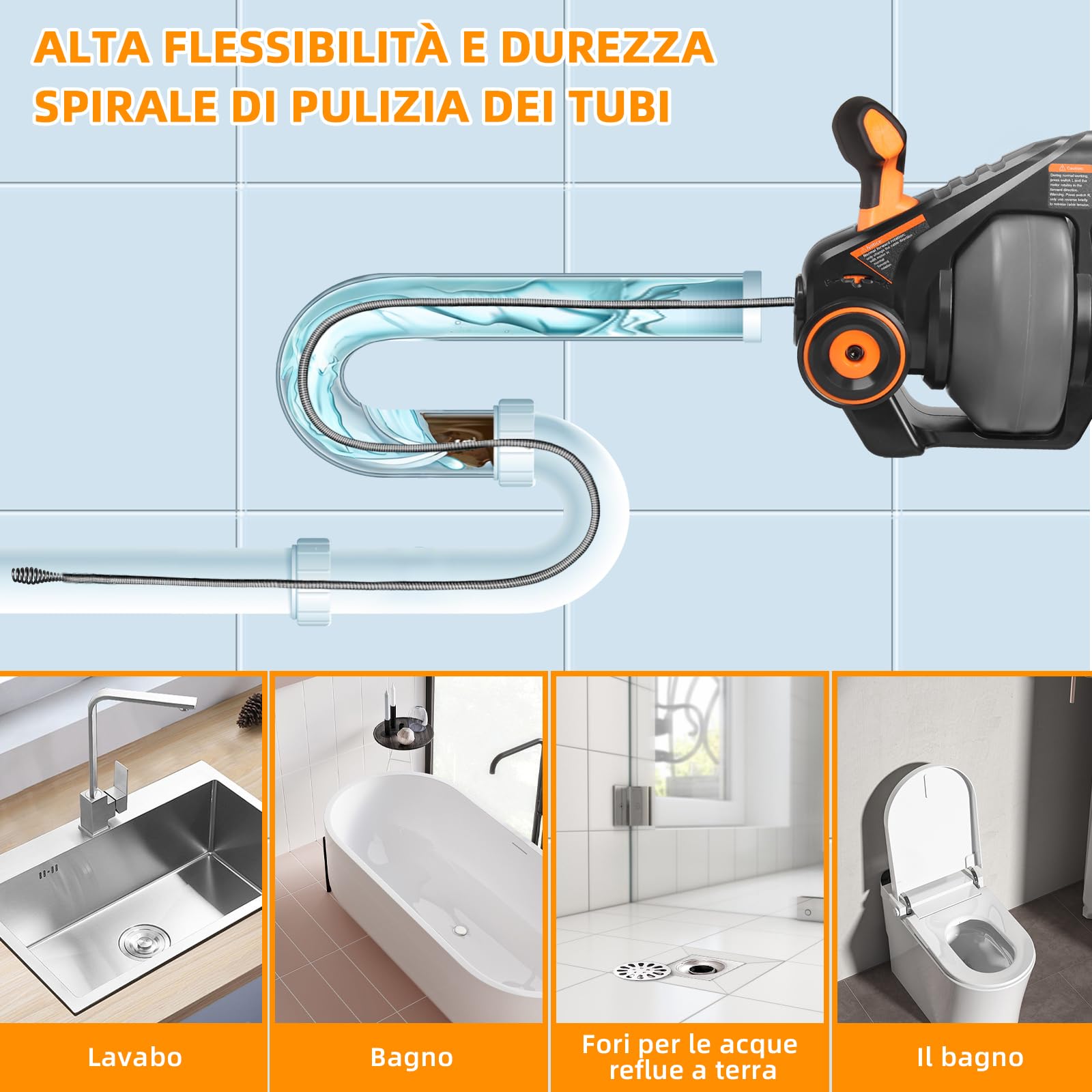18V Spirale Pulizia Tubi Elettrica, 7,6m Albero in Acciaio a Molla per 19-51mm Tubo, Pulitore Tubi Scarico per WC, Bagno, Cucina, Fogna (Comprese le Batterie)