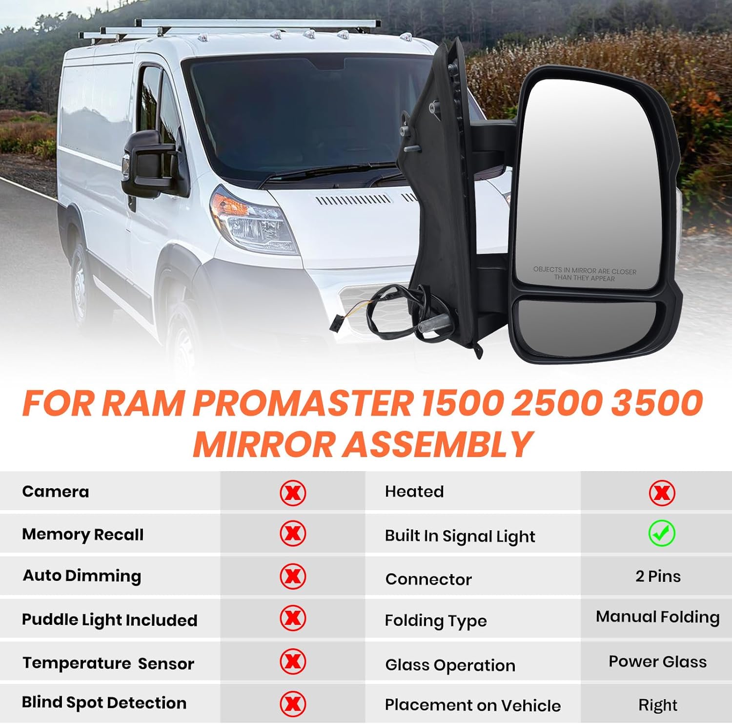 Passenger Side Mirror for with 2014-2024 Ram Promaster 1500/2500/3500,Mirrors with Turn Signals Light,Temperature Sensor,Without Power Glass,Replaces# CH1321417 5VE98JXWAB(Short Arm)2Pins