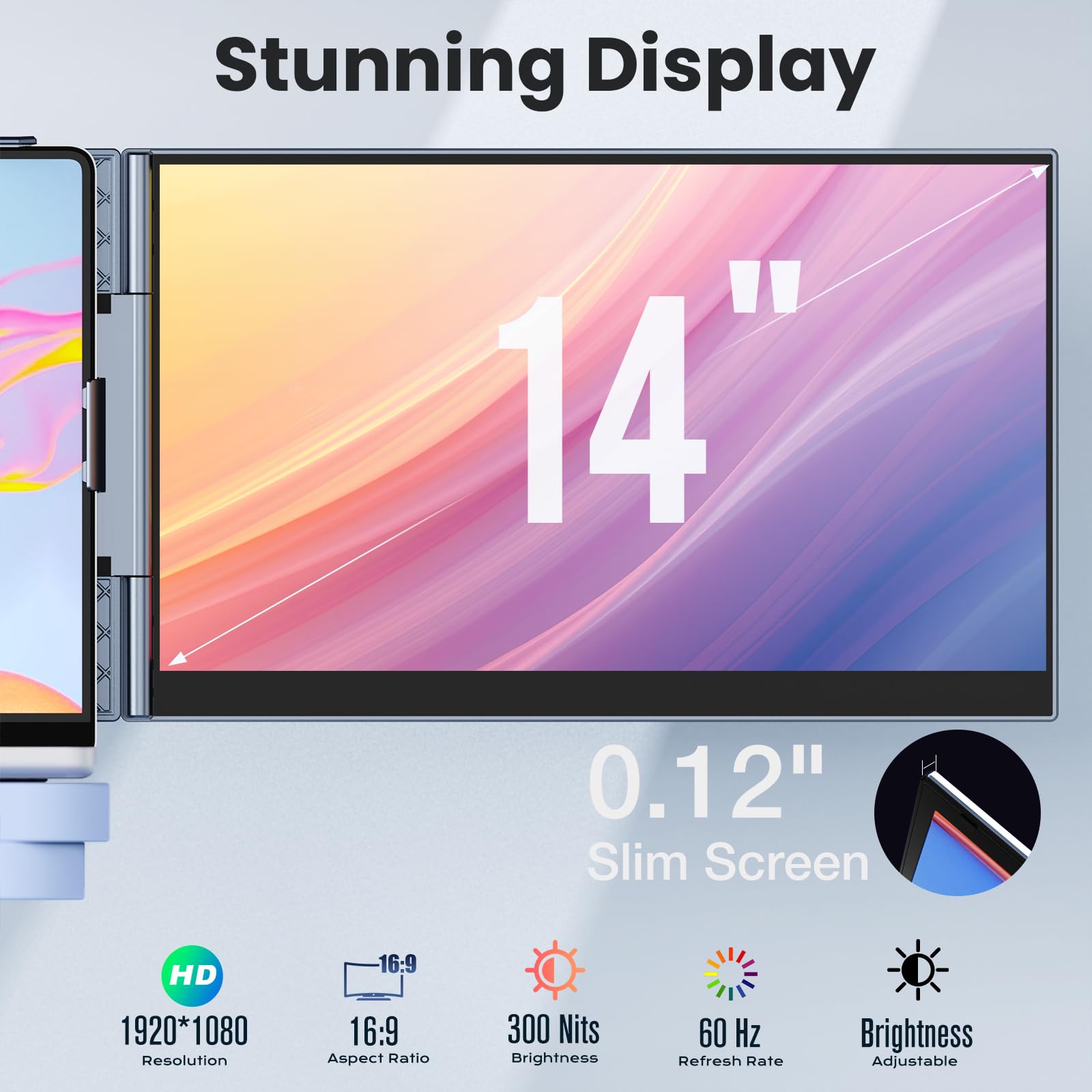 UK BONITOYS Laptop Screen Extender, 14" Ultra-Thin & Lightweight Portable Monitor, 1080P FHD IPS Second Screen, Plug and Play, Laptop Monitor Extender Compatible for Mac/Win Laptops 13-17 Inch: 14" ultra-thin