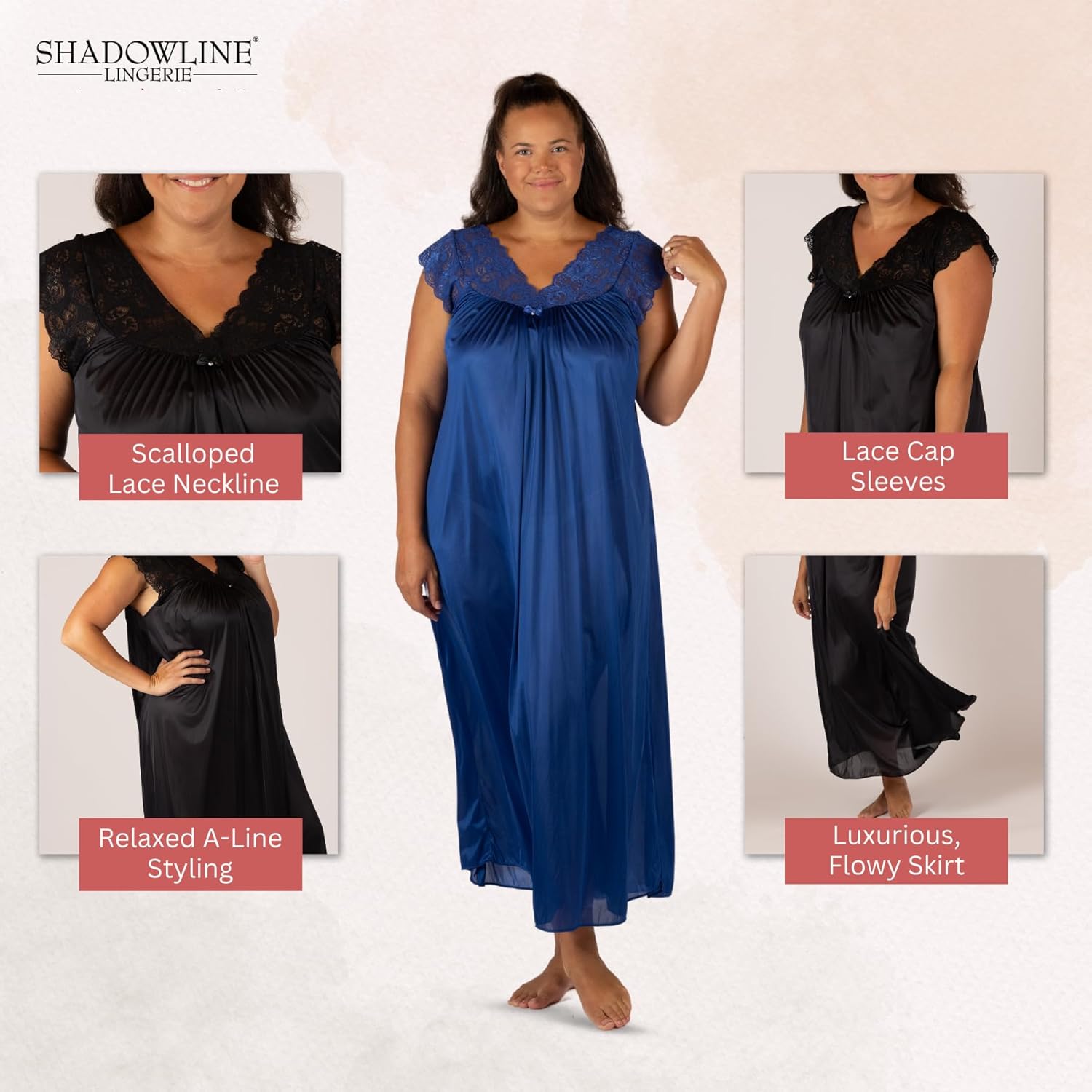 Shadowline Women’s Nightgown Silhouette Long Silky Nylon Sleep Dress Lace Cap Sleeves