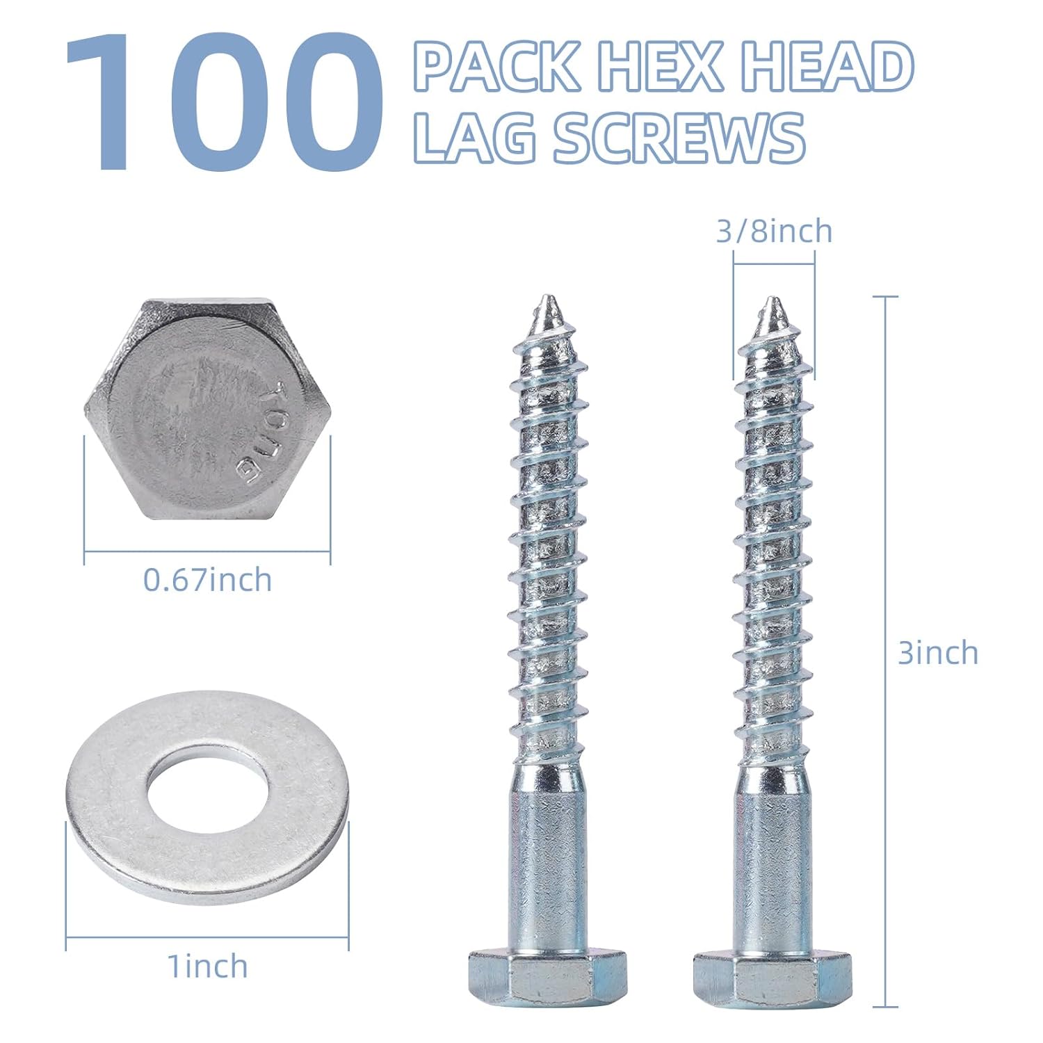 100 Pack Wood Lag Screws, 3/8" x 3" Hex Head Lag Bolts, Heavy Duty Hex Head Lag Screws, Wood Screw with Washers