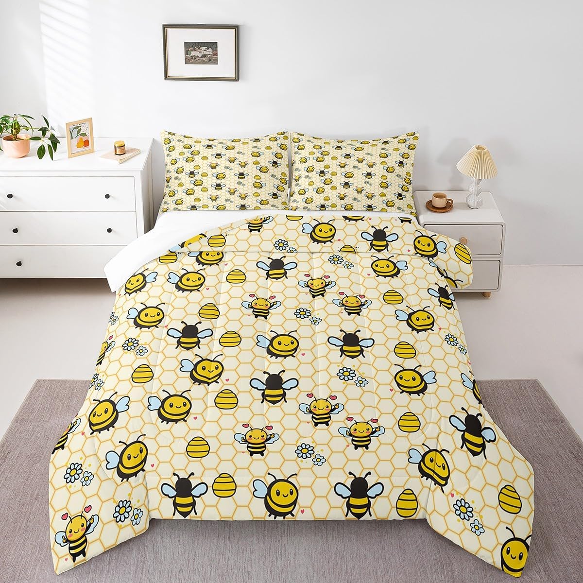 Cute Bees Comforter Set Queen Size,Cartoon Bee Daisy Bedding Set for Kids Boys Girls Child,Farmhouse Flowers Duvet Insert,Geometric Honeycomb Down Comforter with 2 Pillow Shams Bedroom Decor