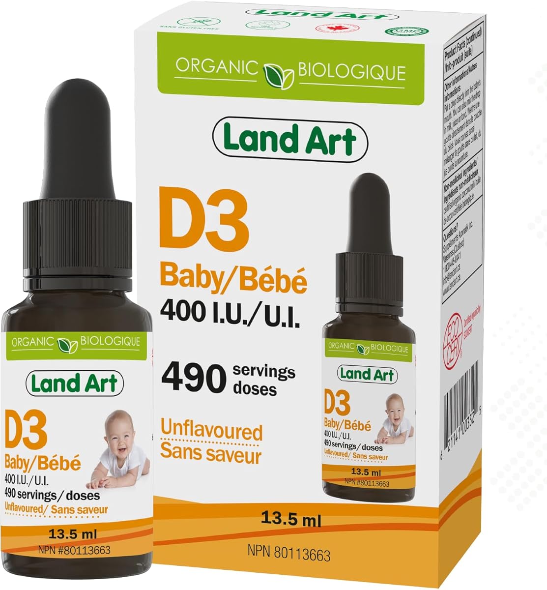 Land Art Vitamin D3 Drops for Babies - Certified Organic - Bone and Teeth Development - Easy Dosing - GMO-Free - Gluten-Free - Made in Canada - Supports Immune System - 400 IU per Drop - 490 Servings - 13.5ml