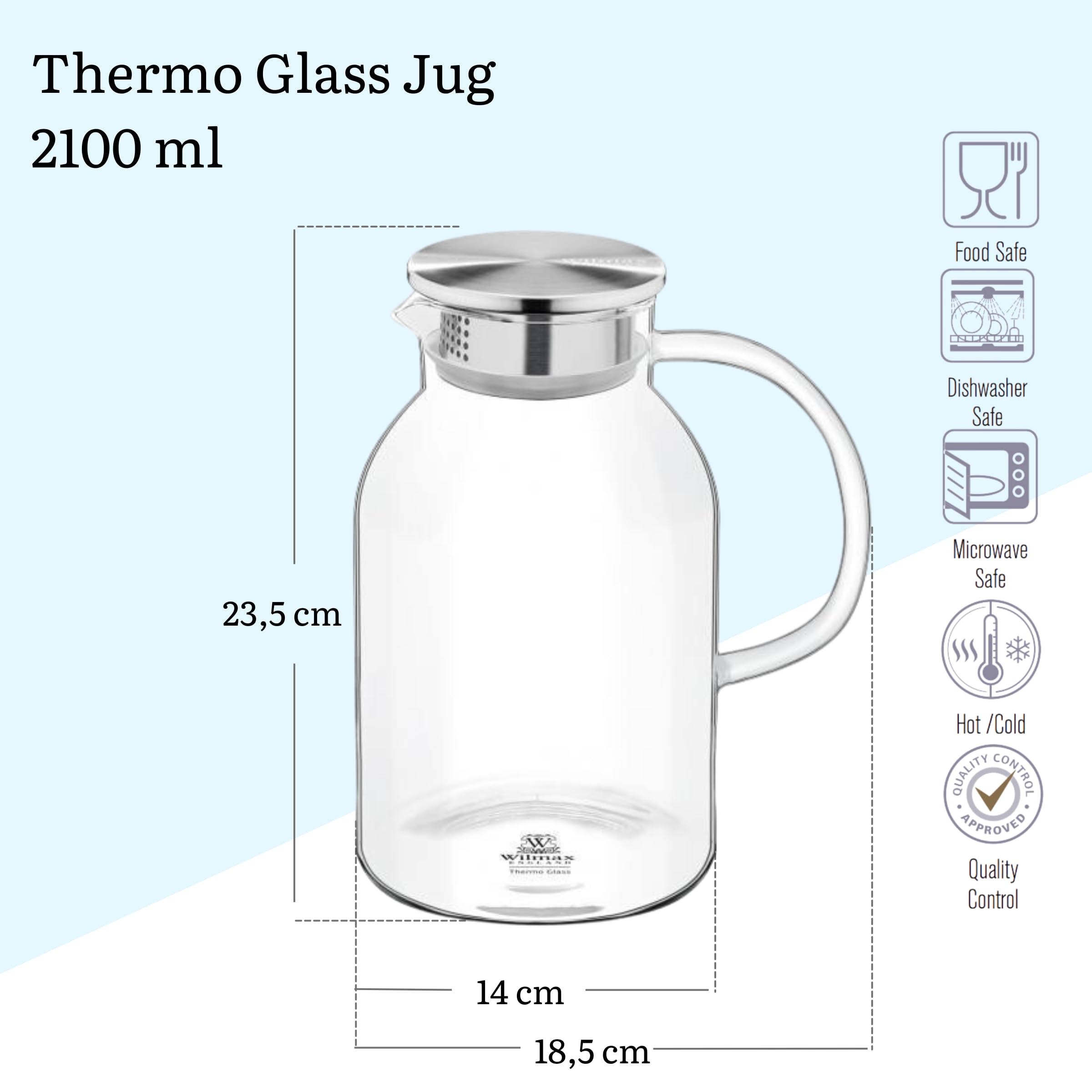 Wilmax Brocca in vetro 2,1 l con 6 bicchieri da 320 ml in un set - Set per bevande - Brocca per succhi, acqua, tè freddo, latte - Lavabile in lavastoviglie - Brocca in vetro