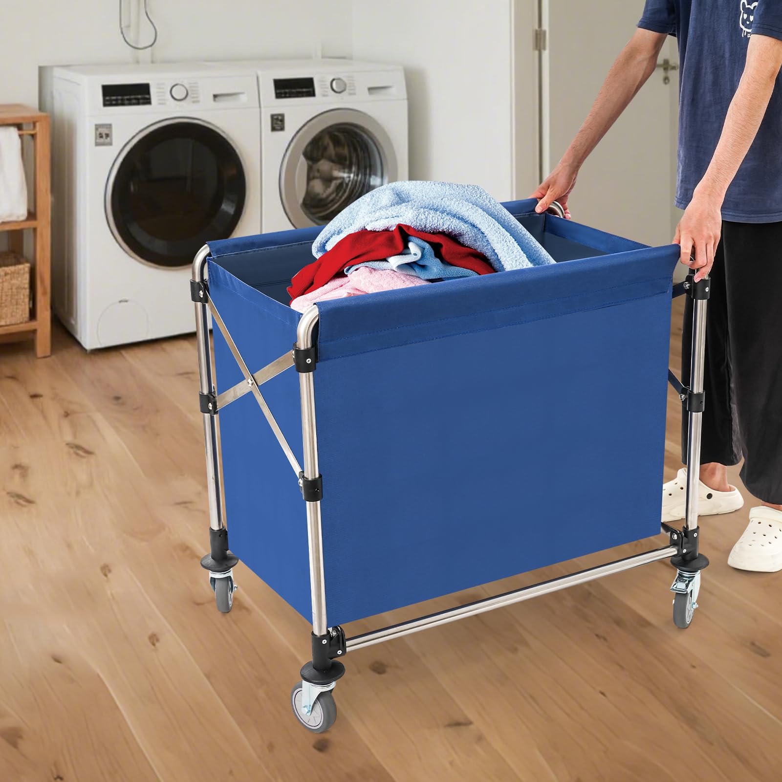 Carro de lavandería con ruedas, de acero inoxidable, carrito de lavandería comercial con bolsa de tela Oxford extraíble, carrito de lavandería plegable, capacidad de carga de 200 kg (azul, 87 x 85 x
