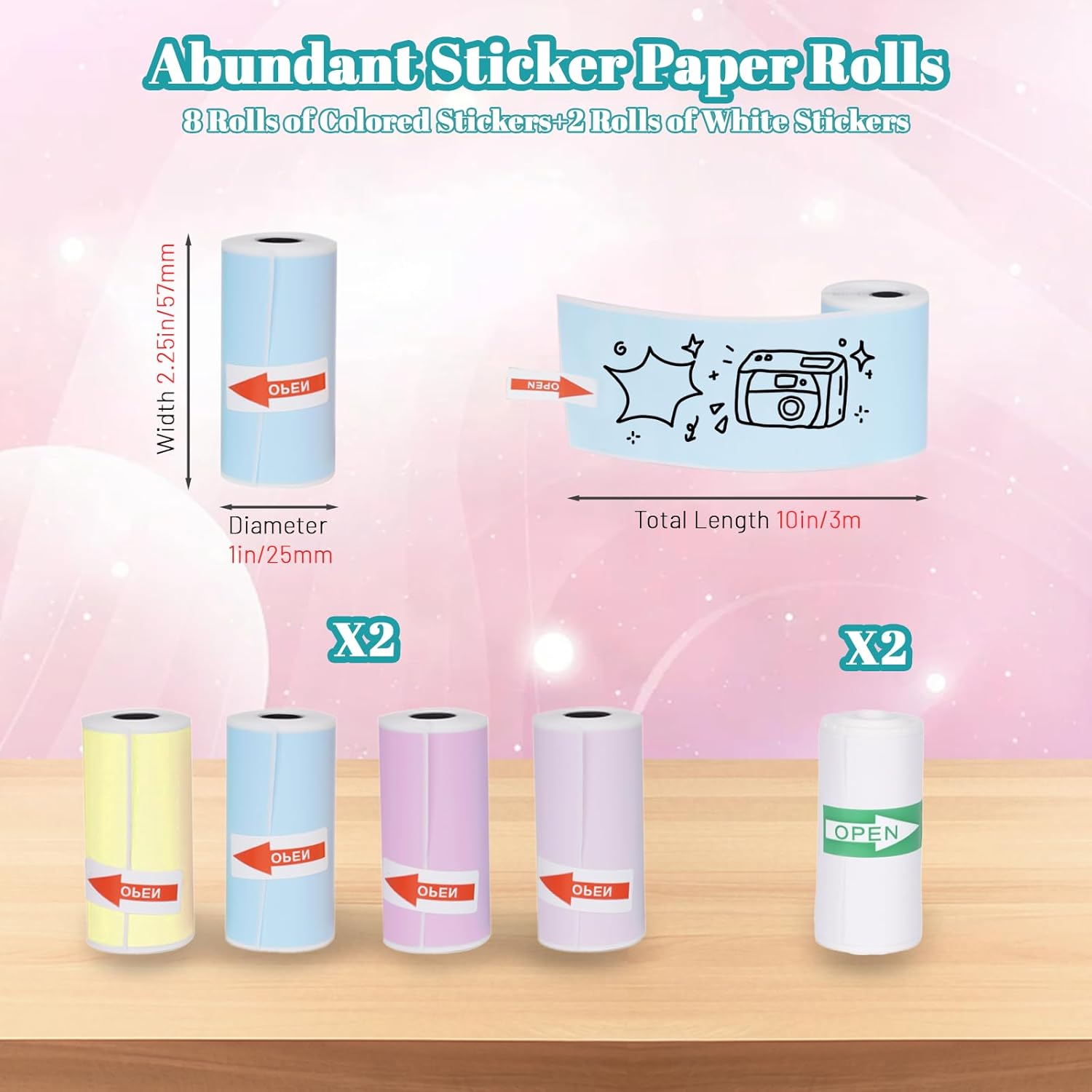 10 Rolls 57 x 25 mm Sticker Printer Paper,Self-Adhesive Compatible with Most Mini Portable Printers. Thermal Paper for Most Camera Paper Roll Refill(5 Color) - Image 2