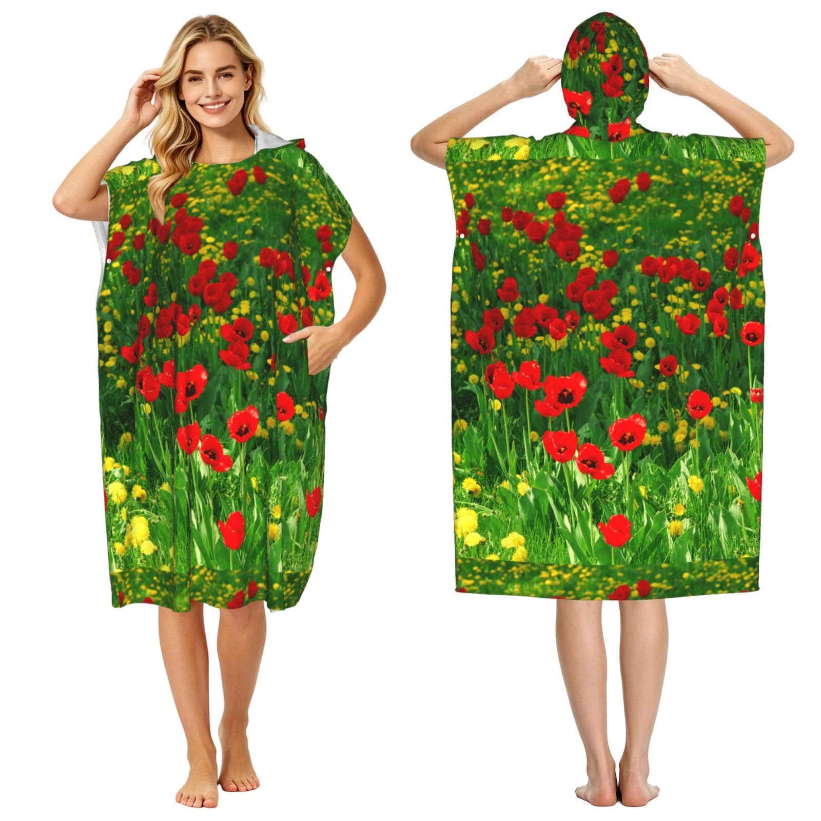 Poadnly Red Poppy Field Farm Meadow Landscape Print, Adult Hooded Beach Towel 90 x 110 cm,Changing Bath Robe, Surf Poncho Towel For Women Men