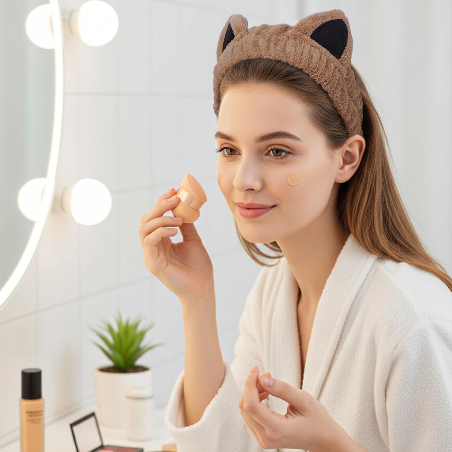 2 Pack Cat Ear Spa Headband Wrist Band Set Cute Animal Face Wash Headbands Washing Face Elastic Fluffy Headband Soft Coral Fleece Hair Accessory for Women Girl Stuff Makeup Skincare Cosmetic Christmas - Image 7