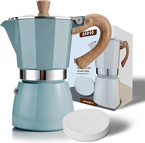 Miniatura 12 de AGOGO Milano Moka - Máquina de café expreso con 100 filtros de papel para café sin sedimentos, greca italiana clásica con mango de grano de madera,