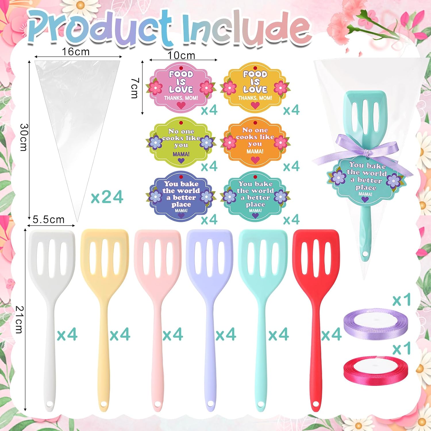 Honeydak 24 Sets Mother's Day Gifts 8.8 Inch Silicone Spatula Bulk Greeting Cards Bags and Ribbon Heat Resistant Rubber Spatulas for Cooking