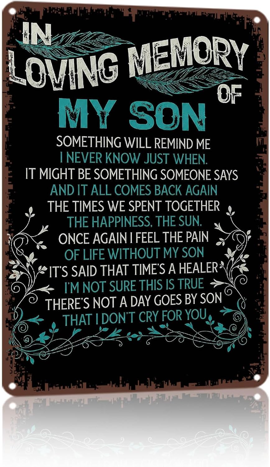 8x12 Inch Aluminum Metal Sign, In Loving Memory of Son Wall Art Decor, Vintage Memorial Sympathy Poster for Home Decor