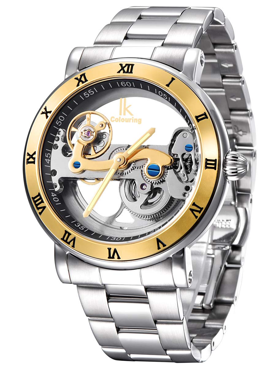 Alienwork IK Orologio Automatico Uomo Donna Scheletro Meccanismo a Ponte Fondo in Vetro