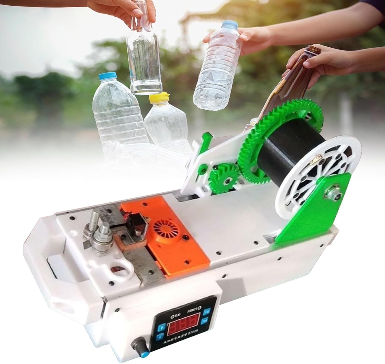 Recycled PET Bottle Recycler, 3D Printed Bottle Recycler, Desktop Filament Extruder Machine, Pultruded 3D Filament from Plastic Bottles, PET Bottle Recycling, Families Gray(White)